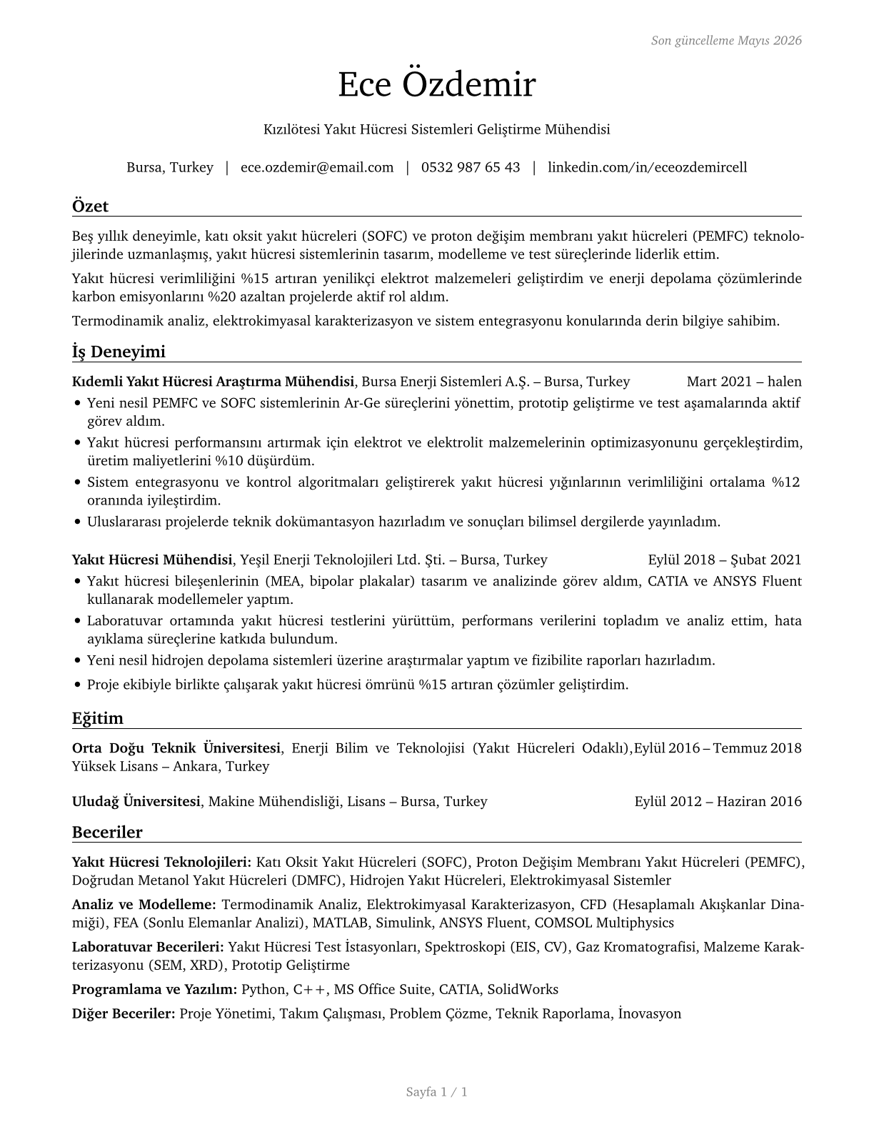 Fuel Cell Engineers CV in Turkish — page 1