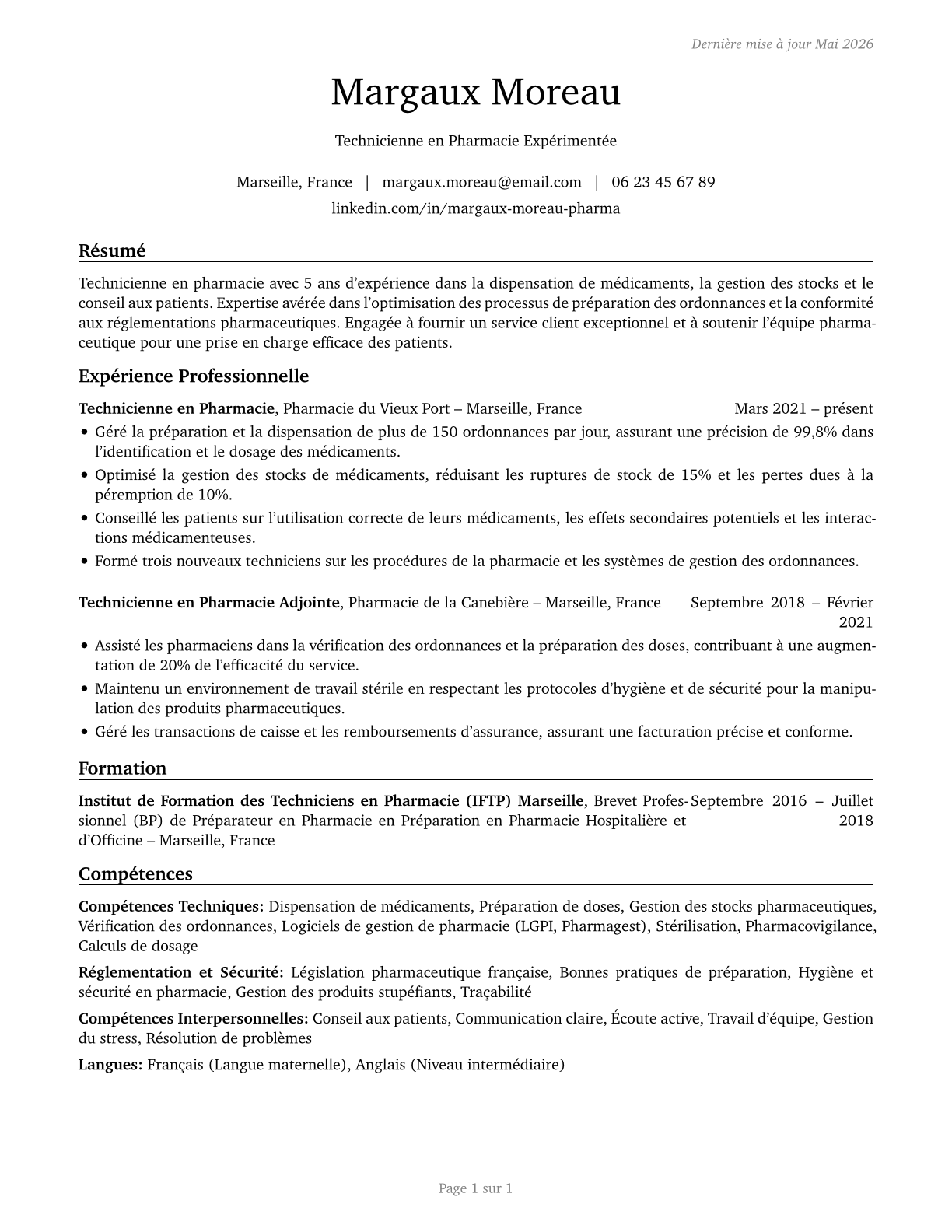Pharmacy Technicians CV in French — page 1