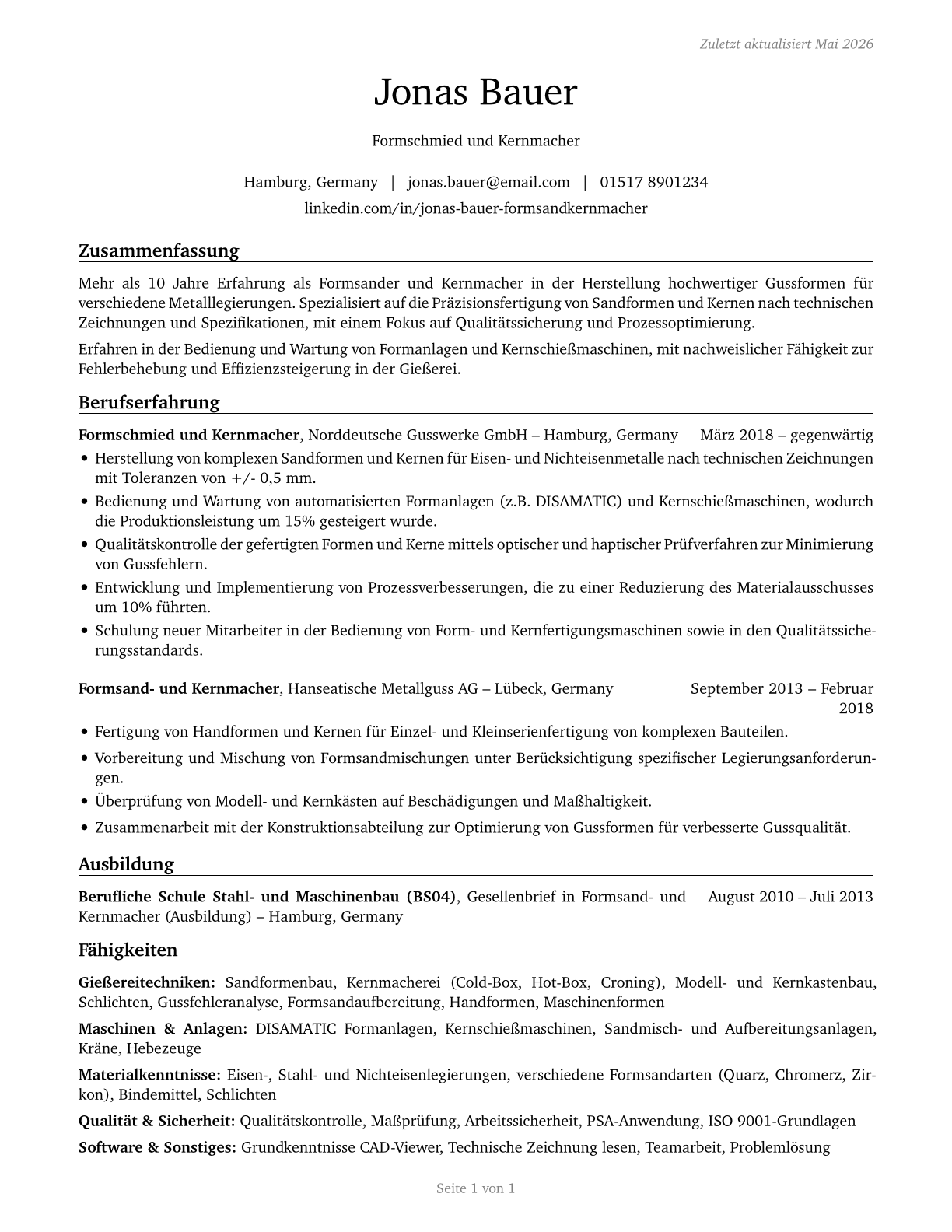 Foundry Mold and Coremakers CV in German — page 1