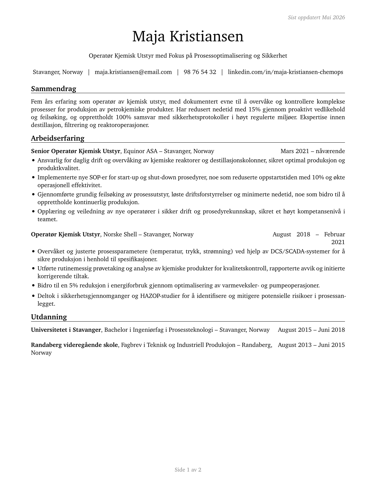 Chemical Equipment Operators and Tenders CV in Norwegian_bokmal — page 1