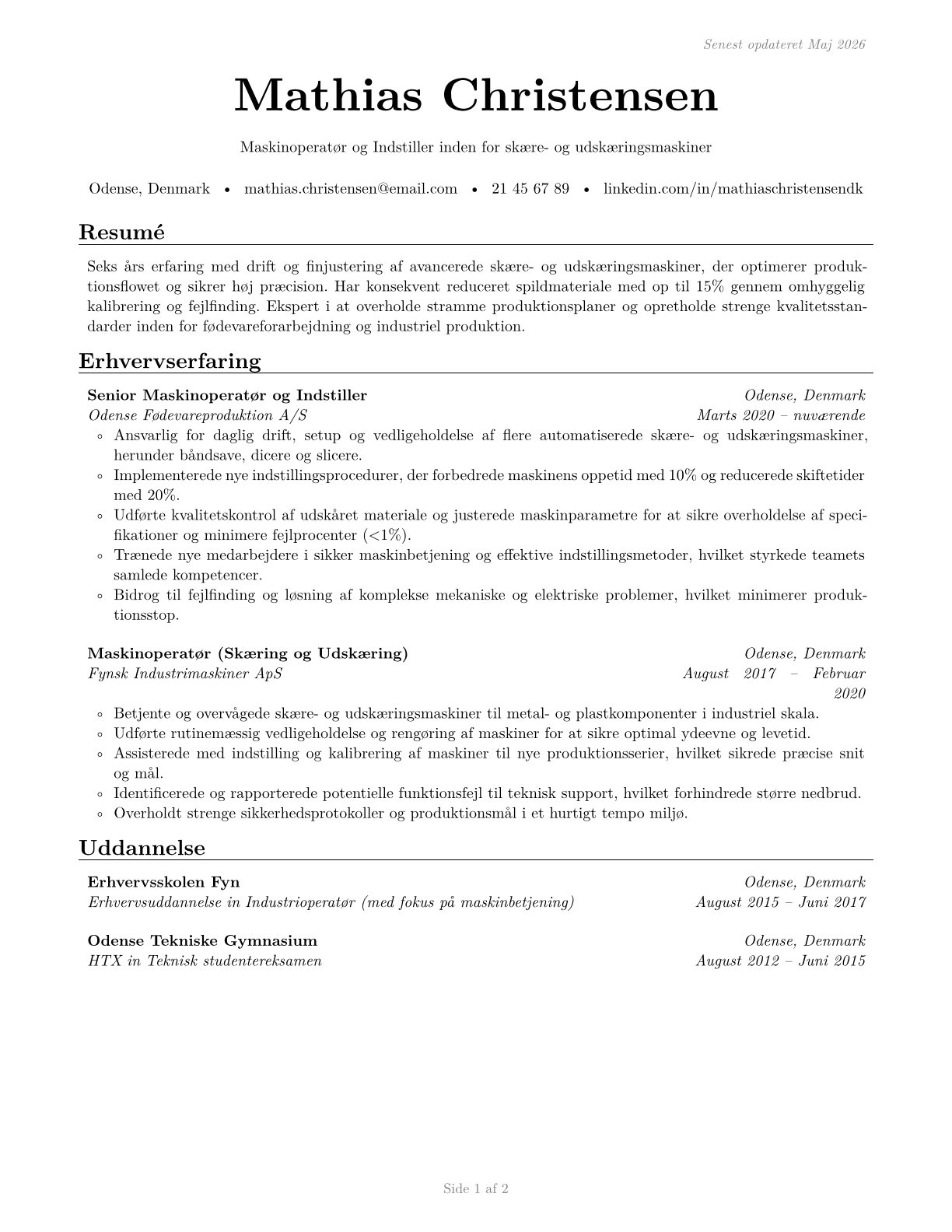 Cutting and Slicing Machine Setters, Operators, and Tenders CV in Danish — page 1