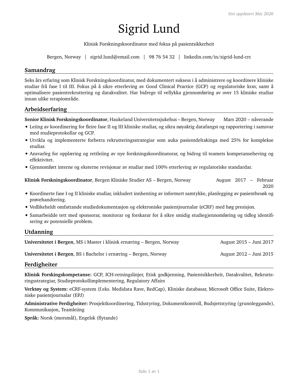 Clinical Research Coordinators CV in Norwegian_nynorsk — page 1