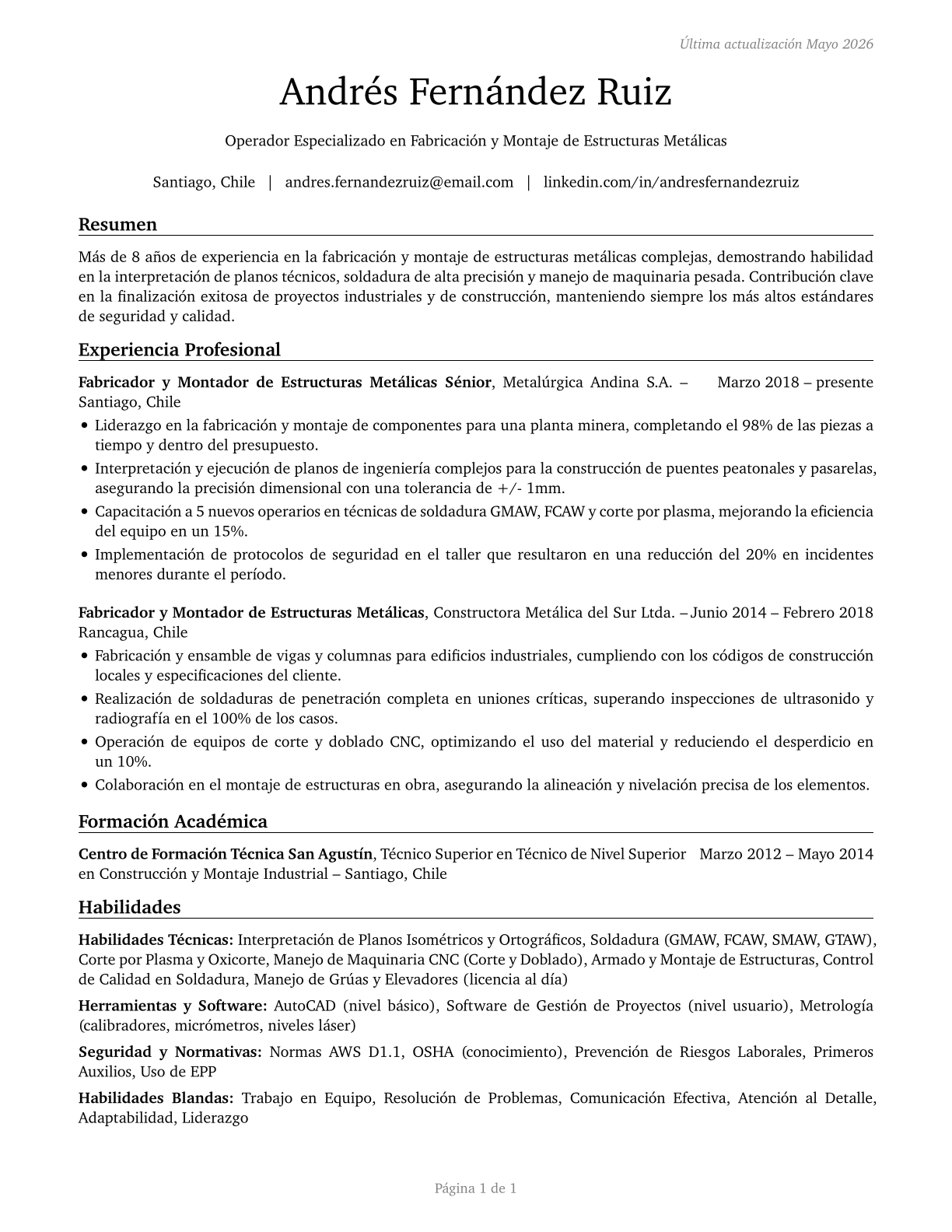 Structural Metal Fabricators and Fitters CV in Spanish — page 1