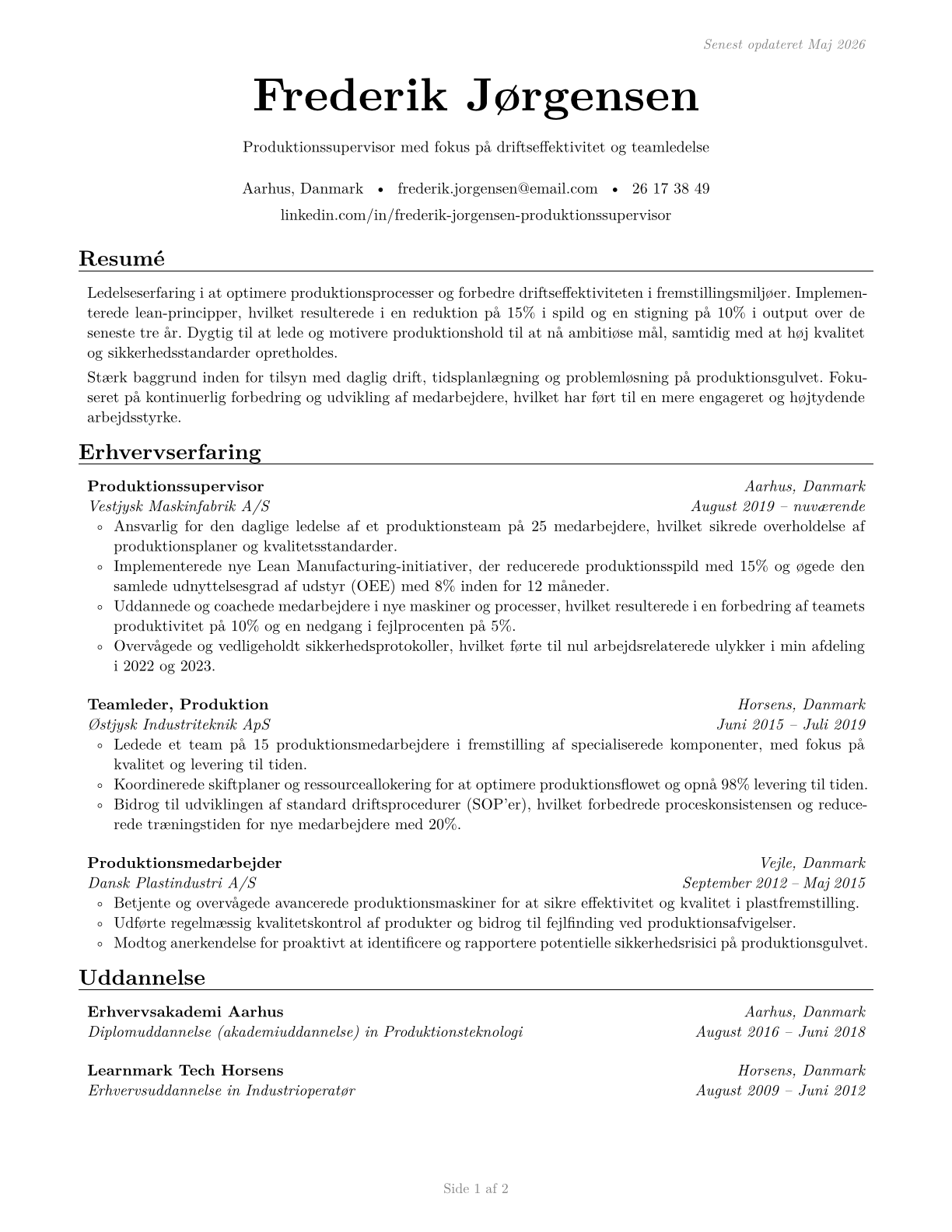 First-Line Supervisors of Production and Operating Workers CV in Danish — page 1