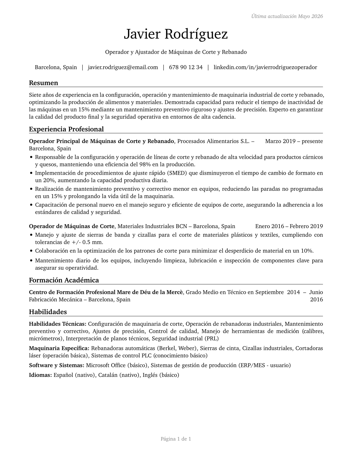 Cutting and Slicing Machine Setters, Operators, and Tenders CV in Spanish — page 1