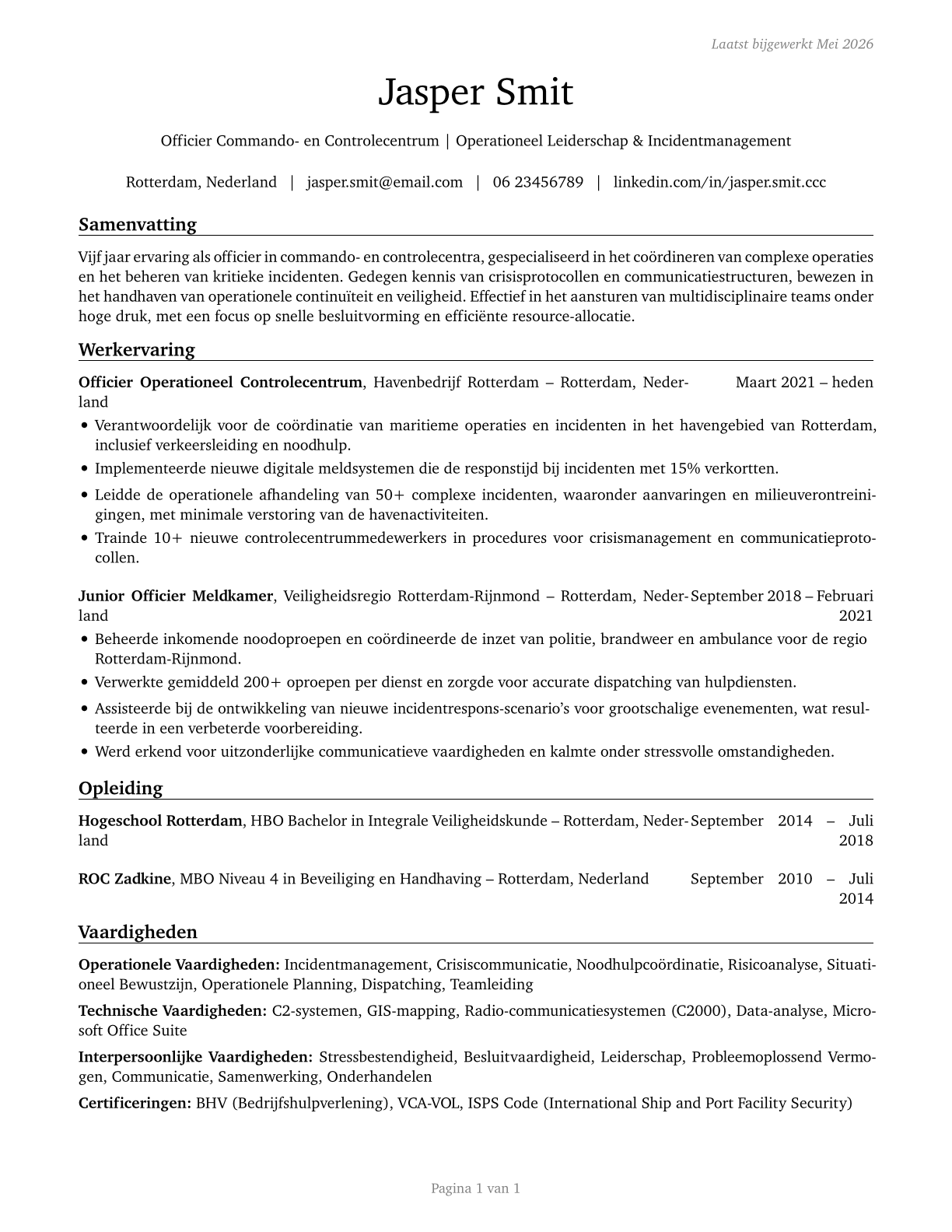 Command and Control Center Officers CV in Dutch — page 1