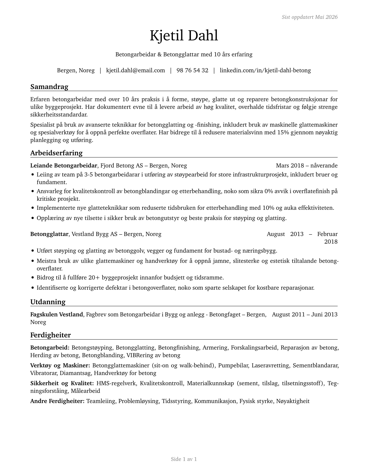 Cement Masons and Concrete Finishers CV in Norwegian_nynorsk — page 1