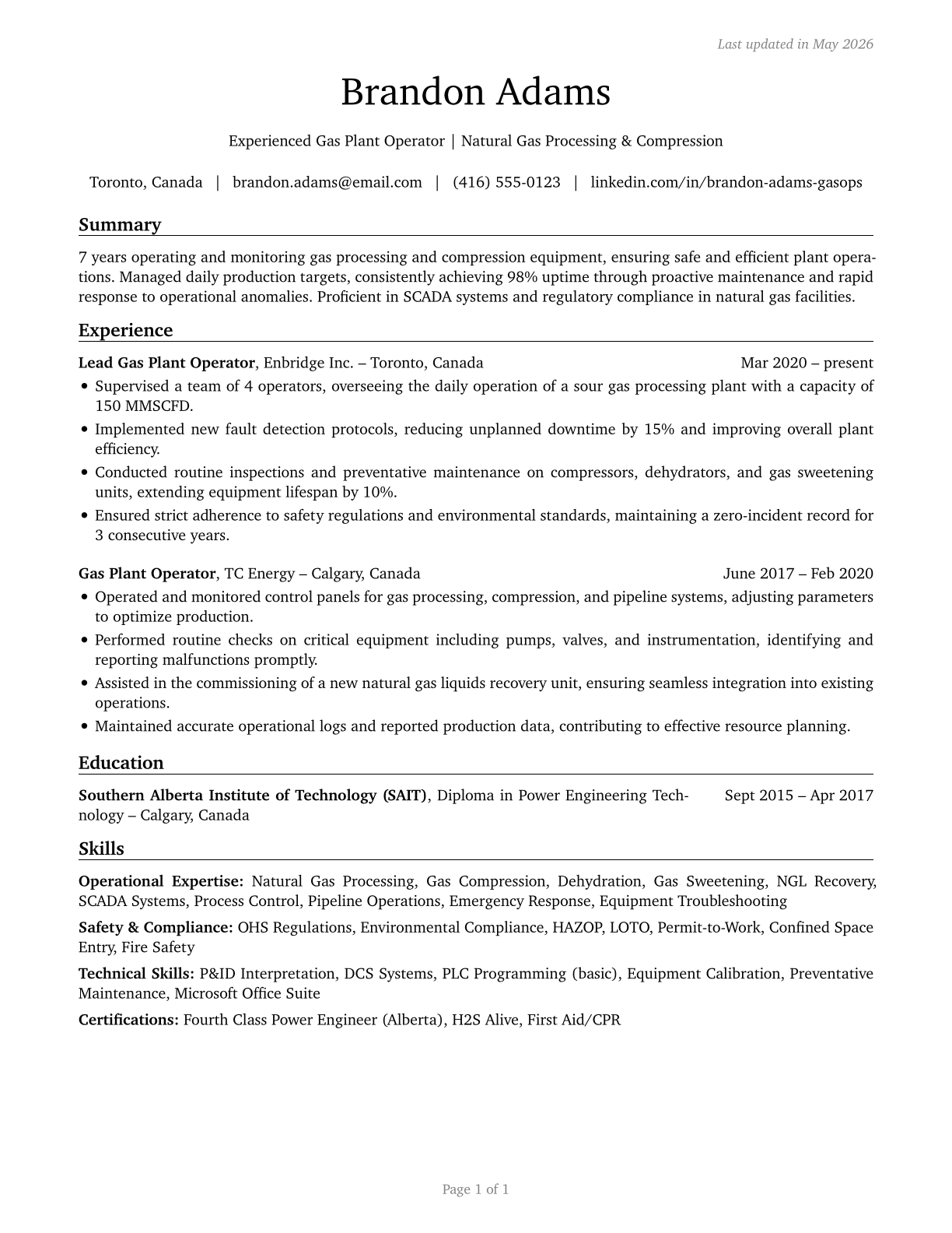 Gas Plant Operators CV in English — page 1