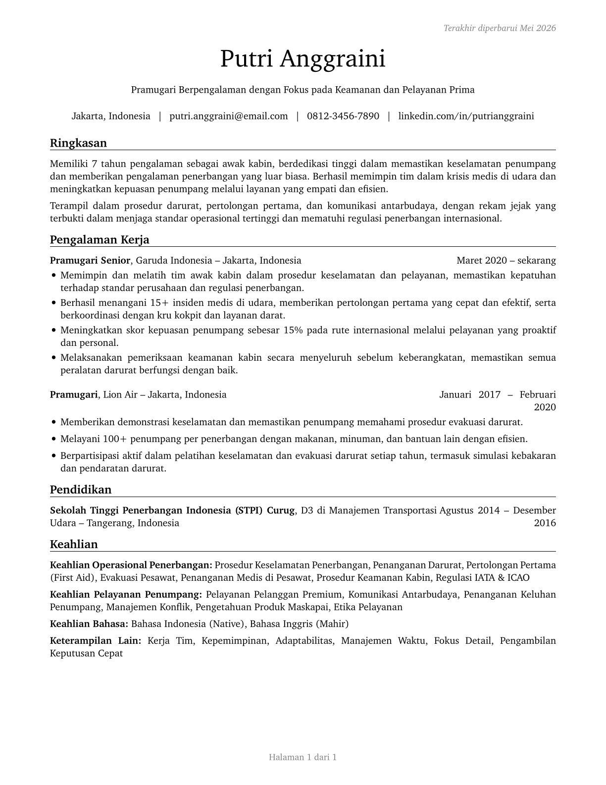 Air Crew Members CV in Indonesian — page 1