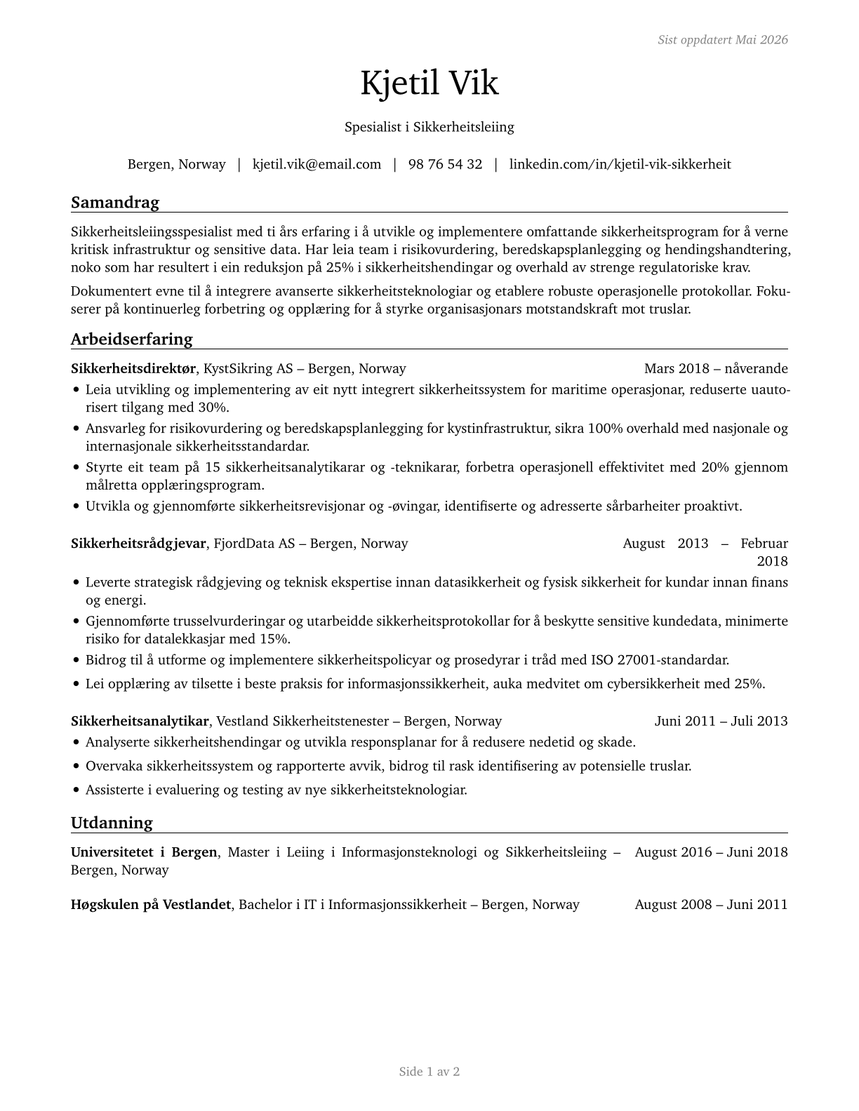Security Management Specialists CV in Norwegian_nynorsk — page 1