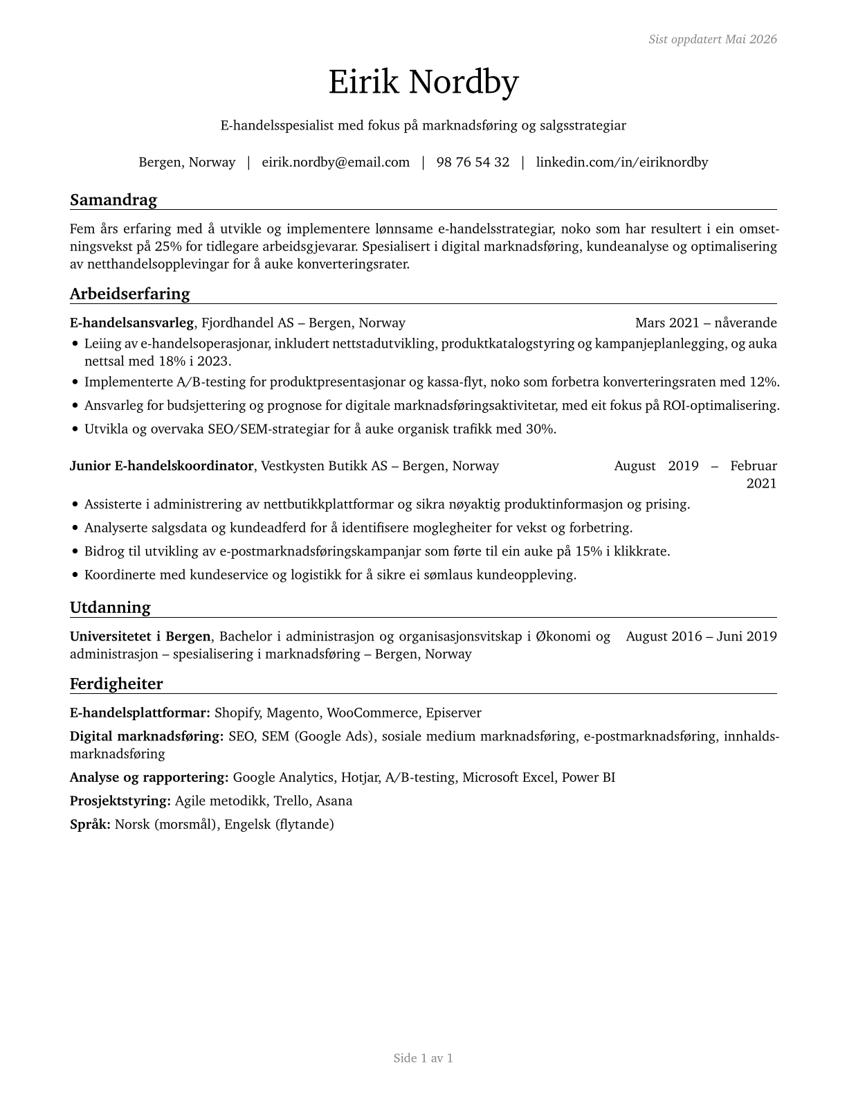 Online Merchants CV in Norwegian_nynorsk — page 1