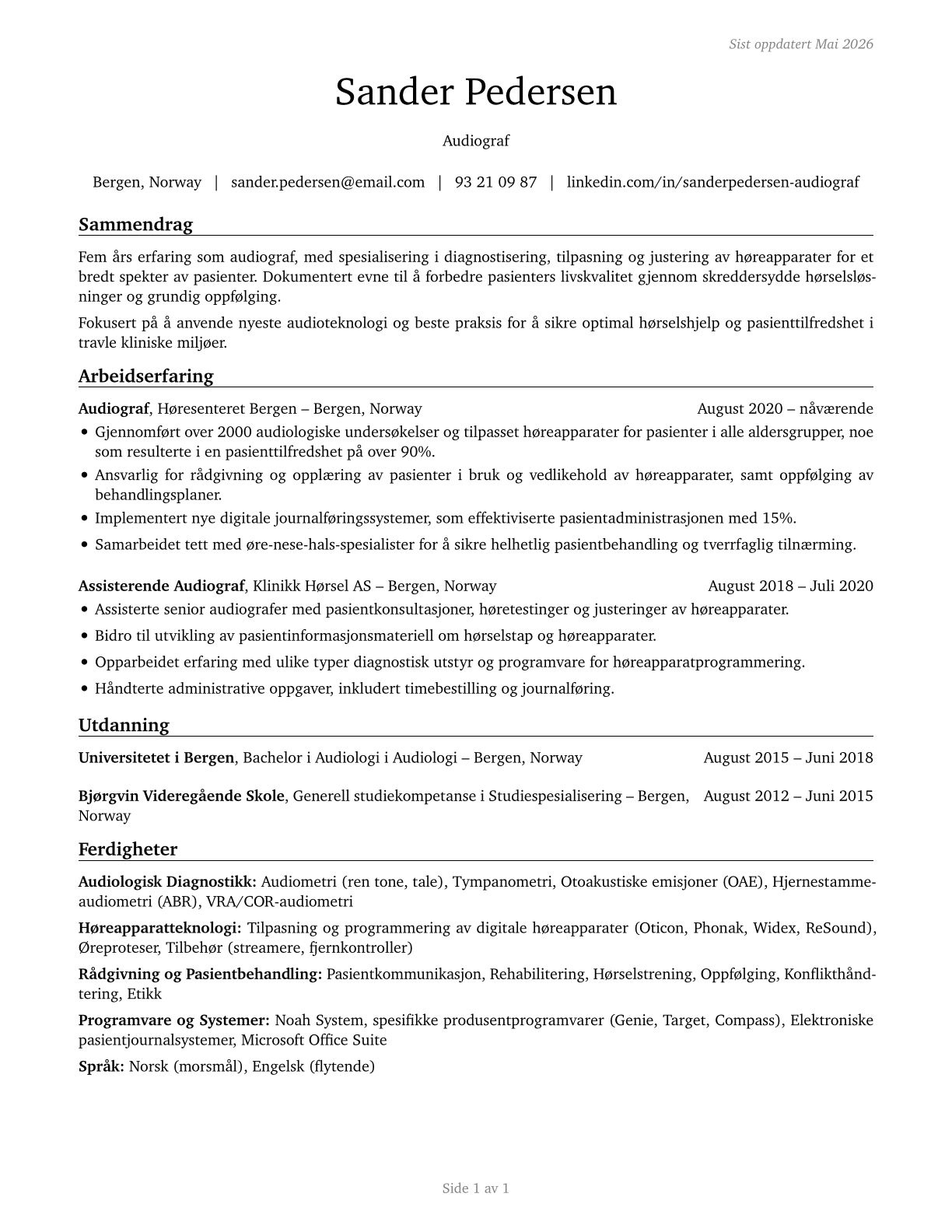 Hearing Aid Specialists CV in Norwegian_bokmal — page 1