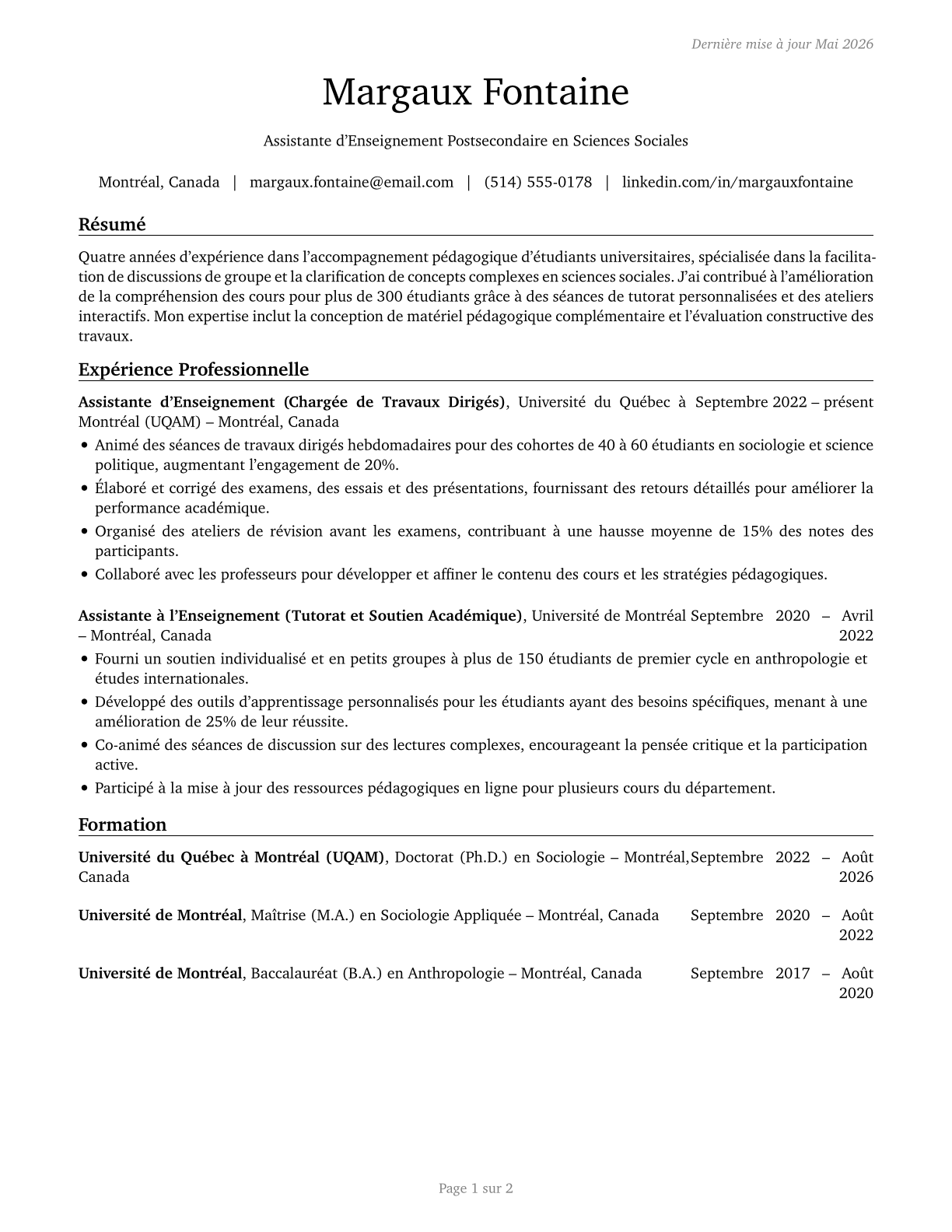 Teaching Assistants, Postsecondary CV in French — page 1