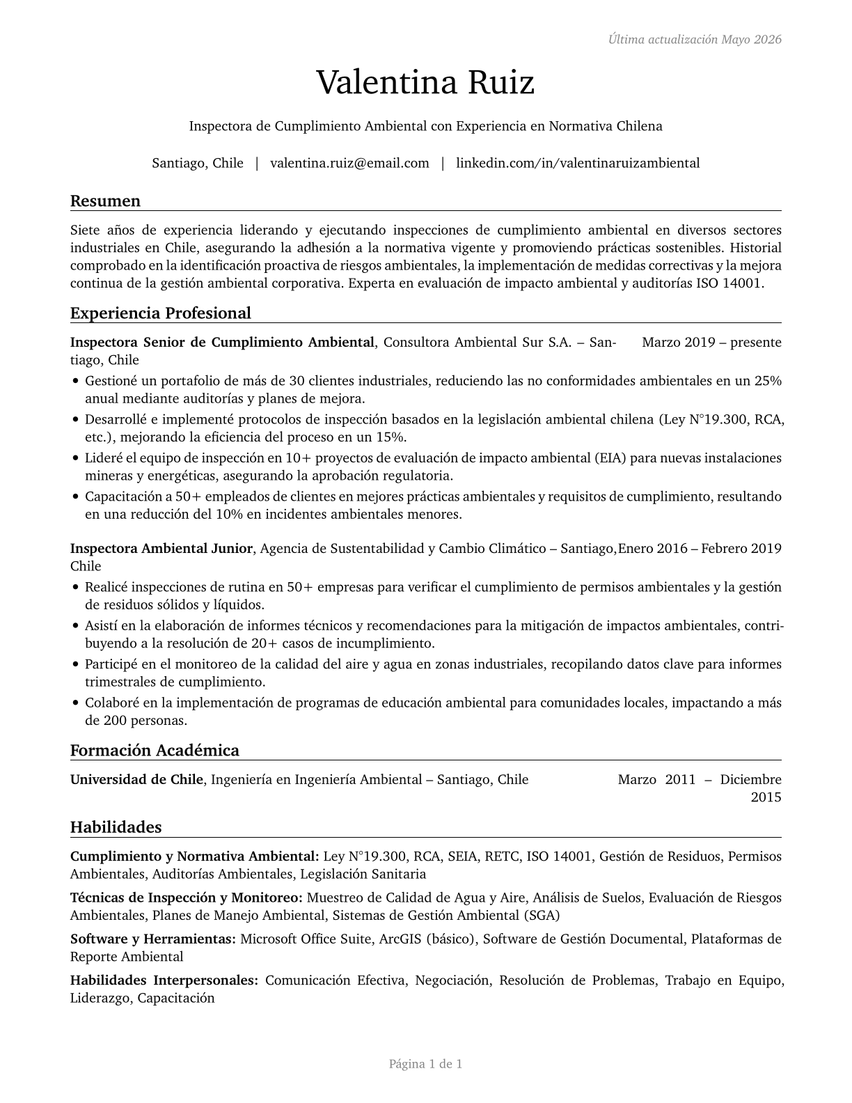 Environmental Compliance Inspectors CV in Spanish — page 1