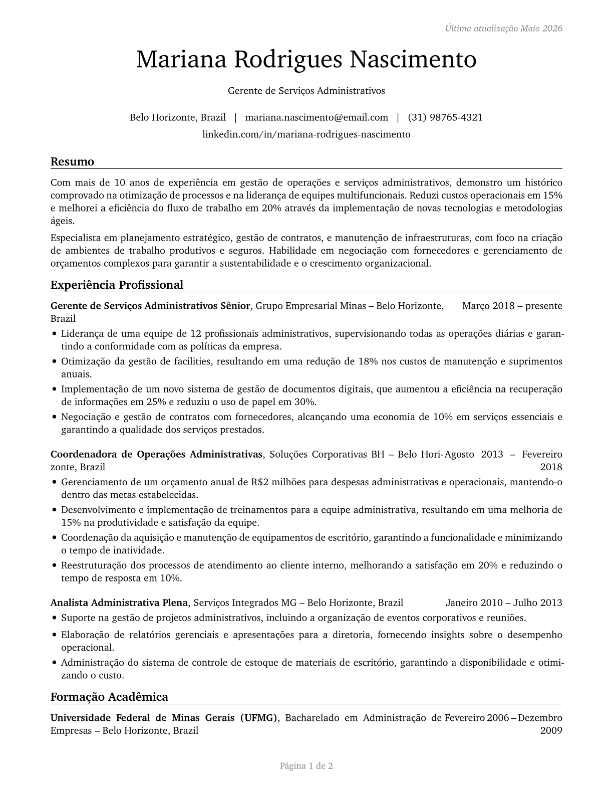 Administrative Services Managers CV in Portuguese — page 1