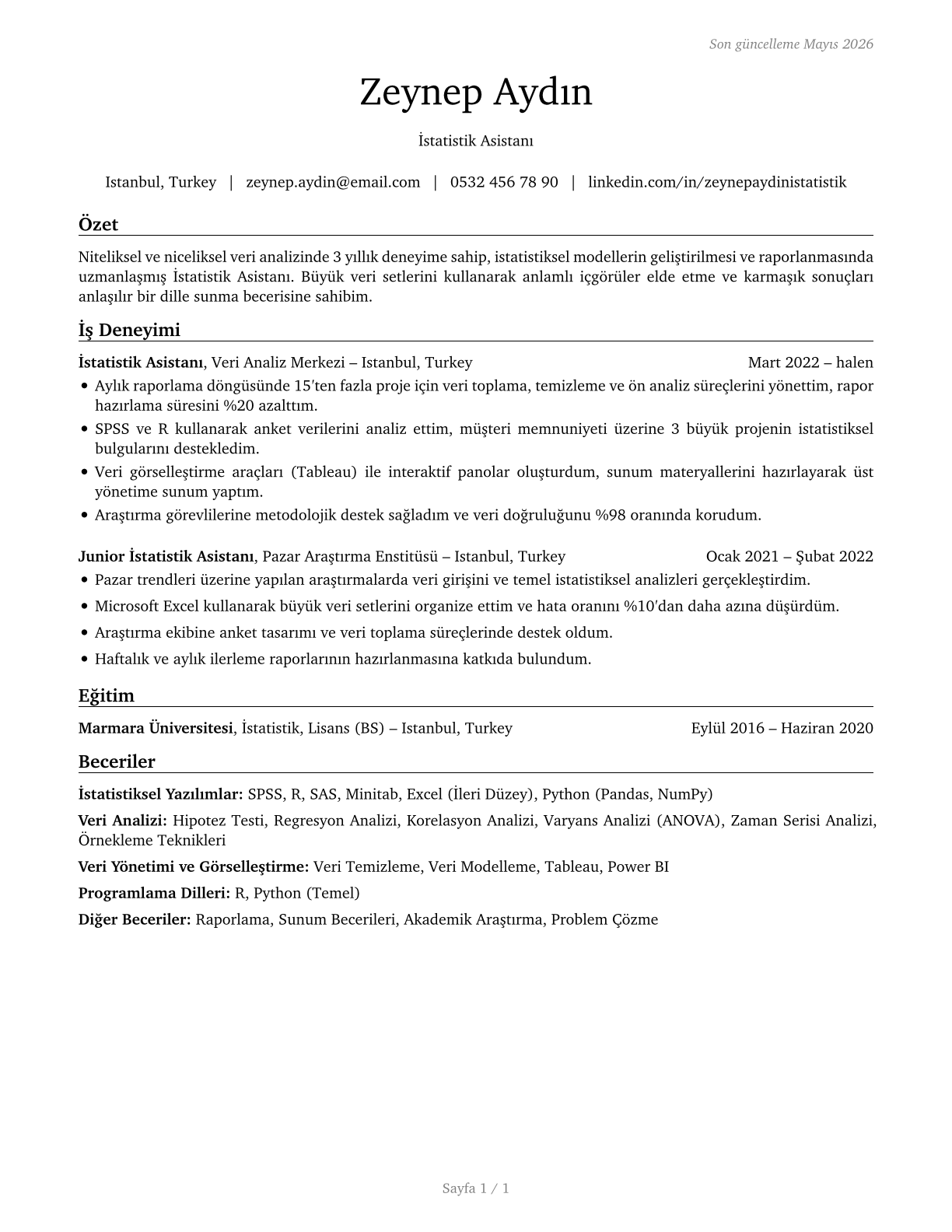 Statistical Assistants CV in Turkish — page 1
