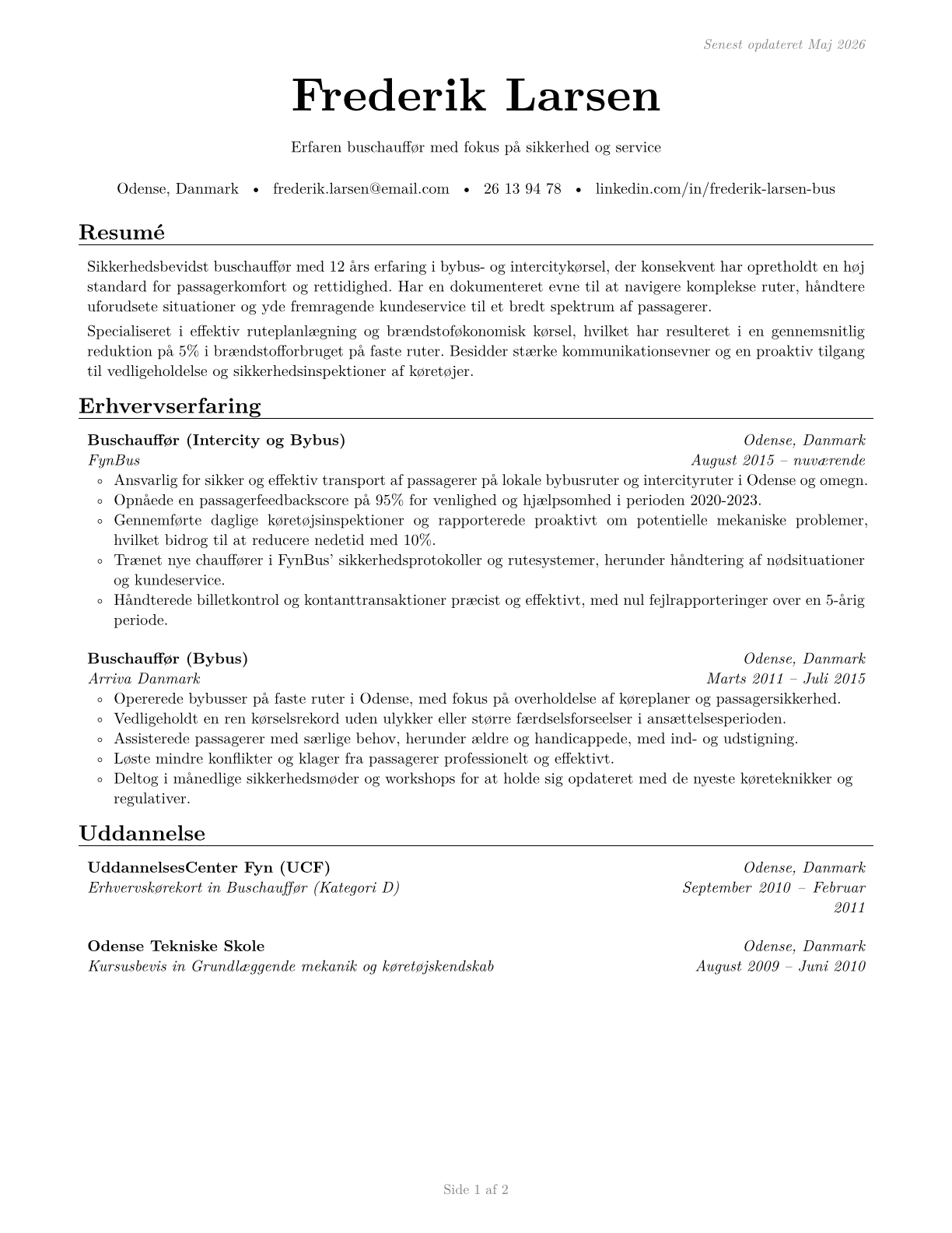 Bus Drivers, Transit and Intercity CV in Danish — page 1