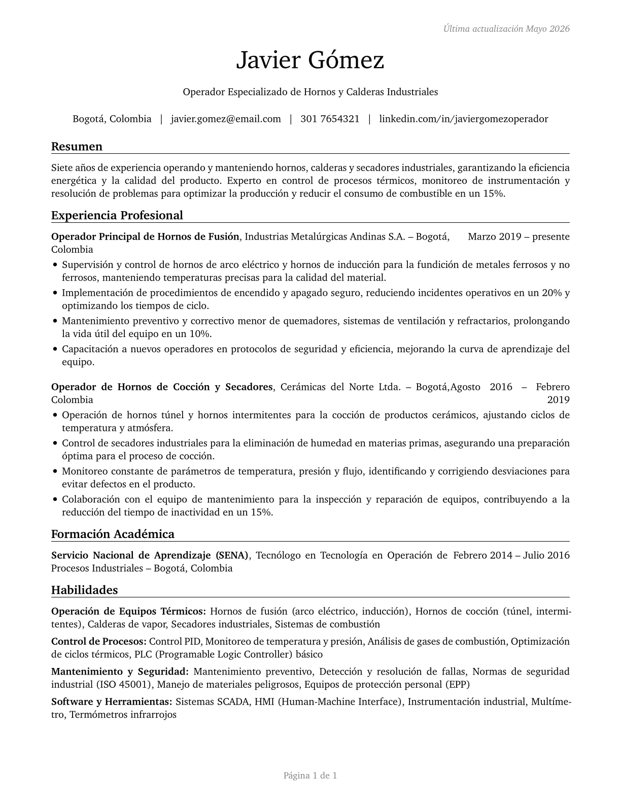 Furnace, Kiln, Oven, Drier, and Kettle Operators and Tenders CV in Spanish — page 1
