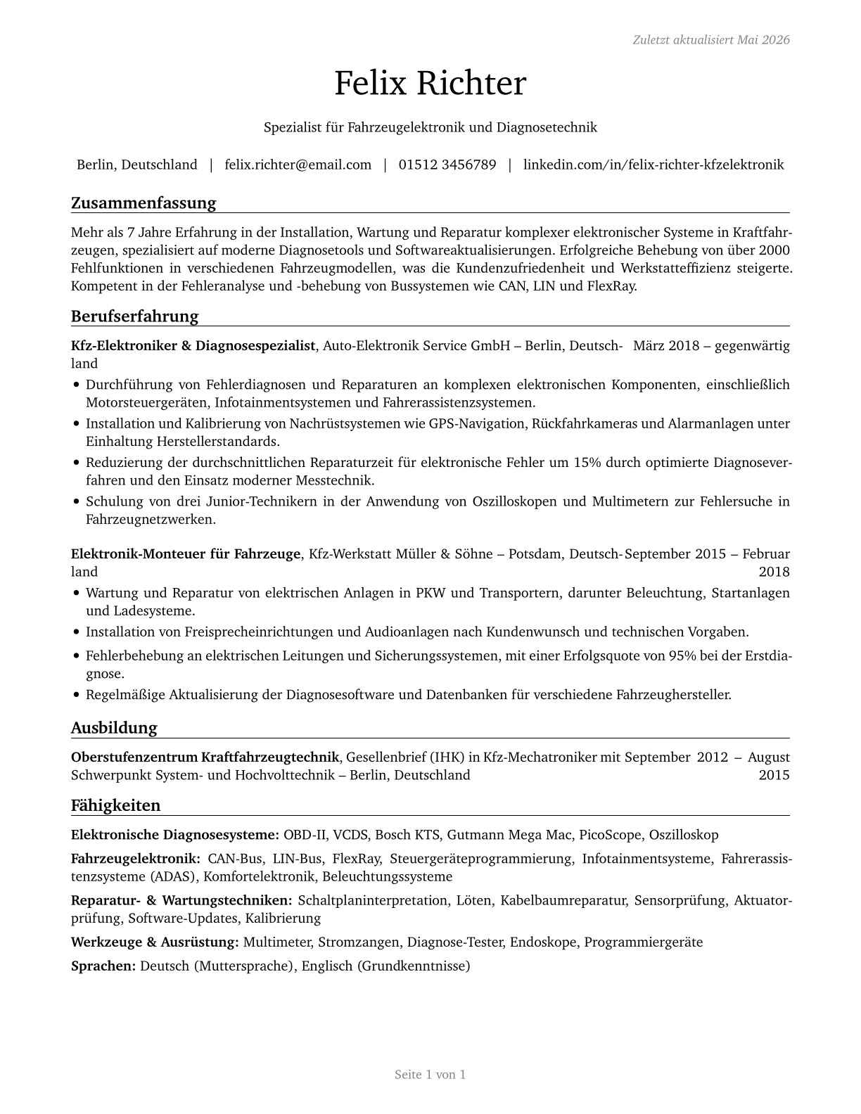 Electronic Equipment Installers and Repairers, Motor Vehicles CV in German — page 1