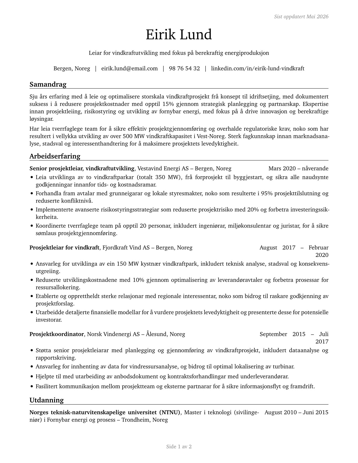 Wind Energy Development Managers CV in Norwegian_nynorsk — page 1