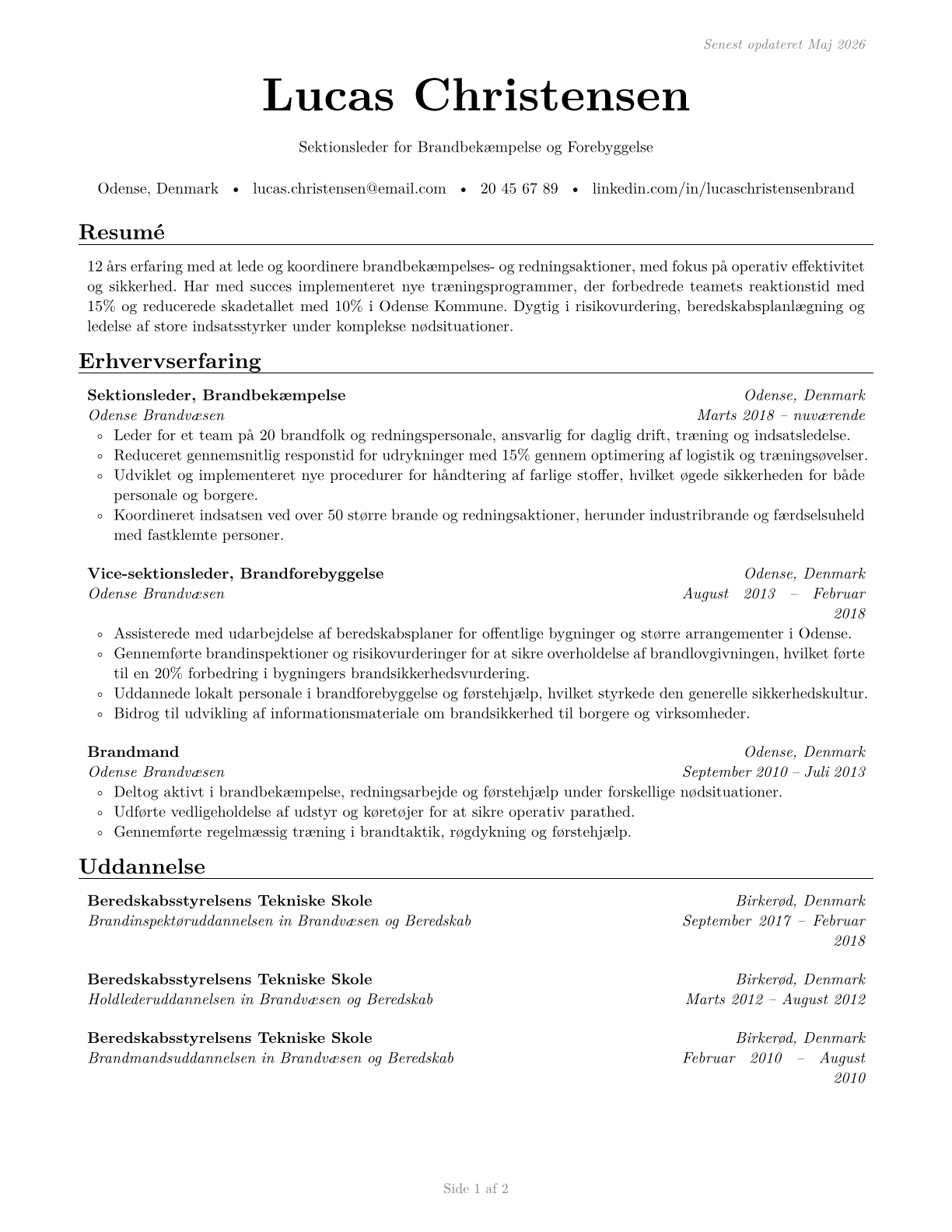 First-Line Supervisors of Firefighting and Prevention Workers CV in Danish — page 1