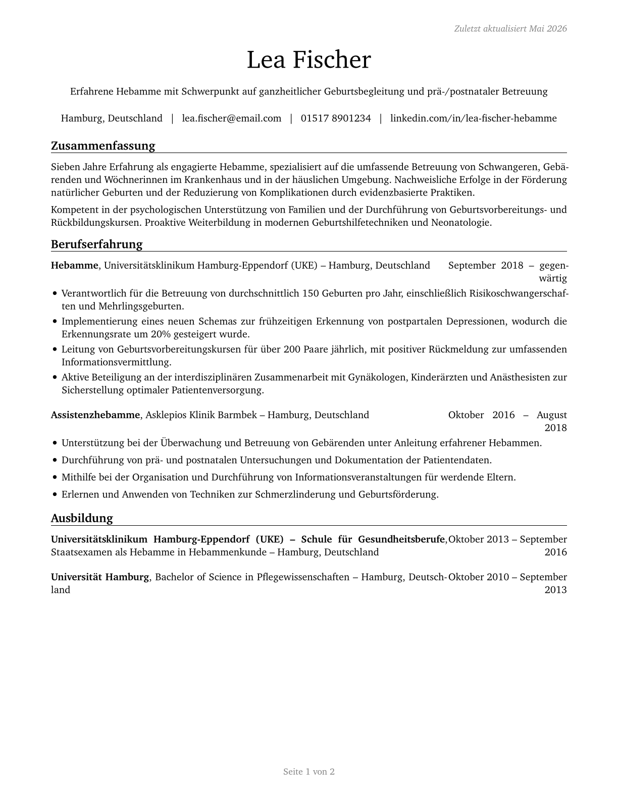 Nurse Midwives CV in German — page 1