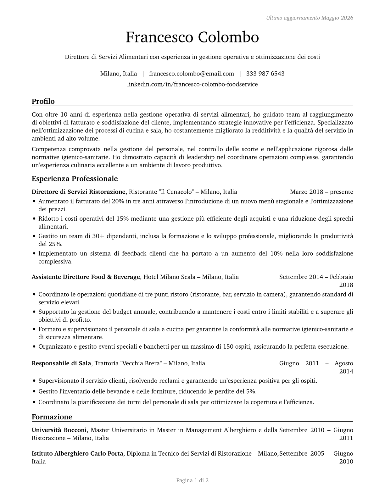 Food Service Managers CV in Italian — page 1