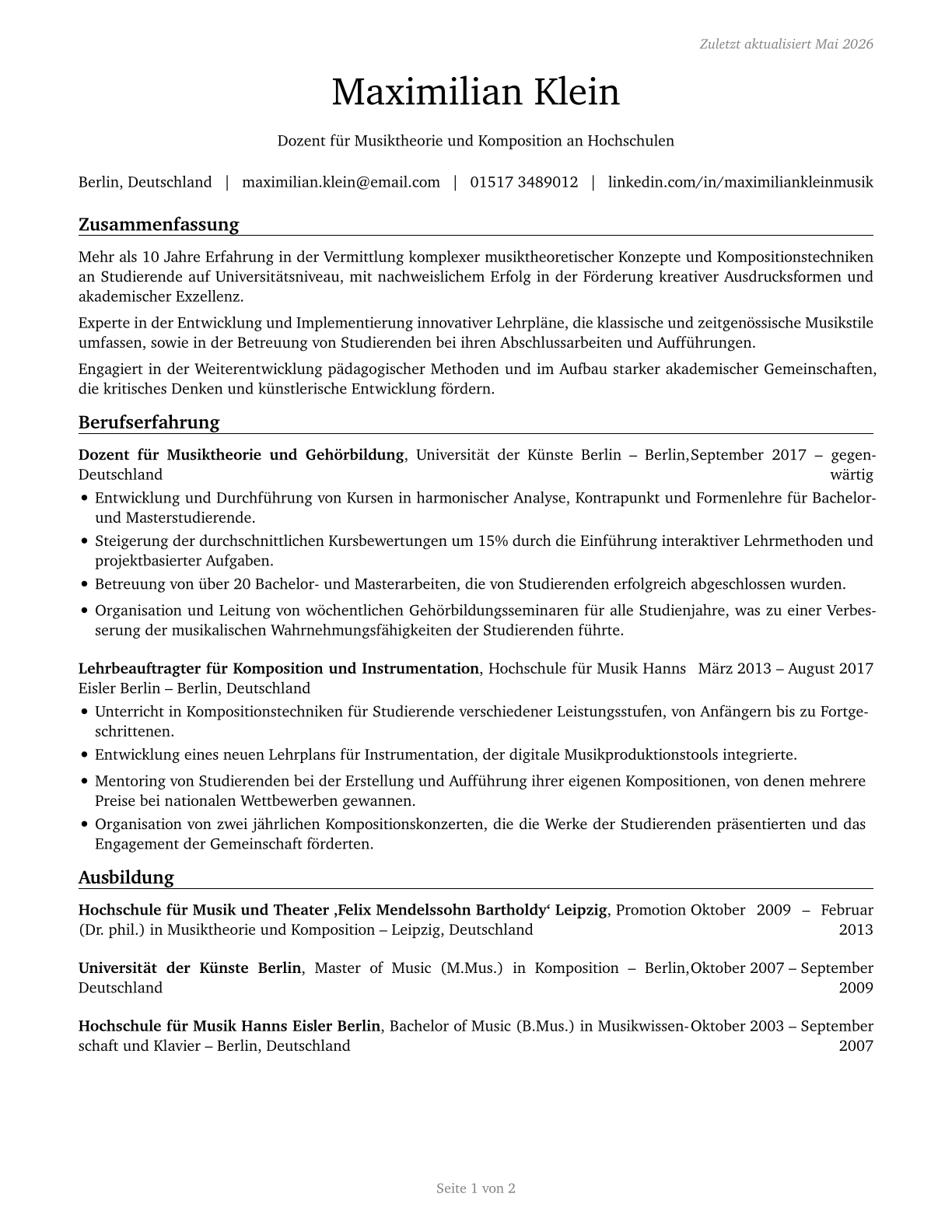 Art, Drama, and Music Teachers, Postsecondary CV in German — page 1