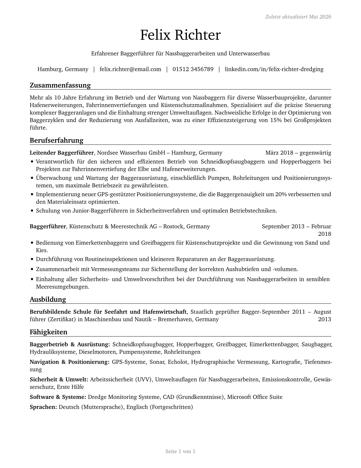 Dredge Operators CV in German — page 1