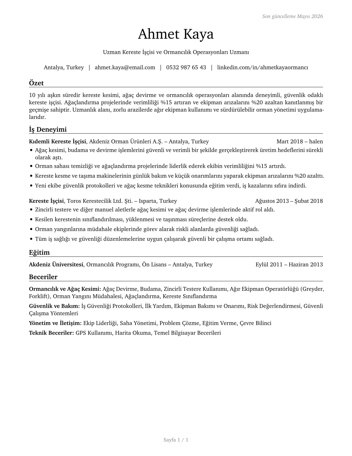 Logging Workers, All Other CV in Turkish — page 1