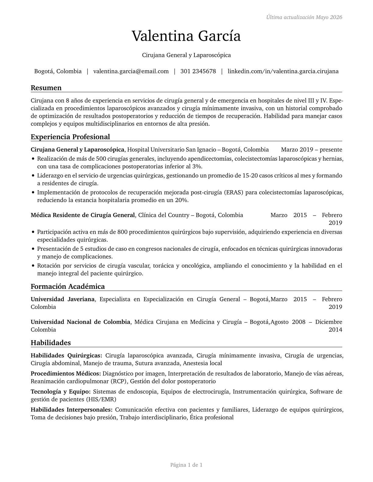 Surgeons, All Other CV in Spanish — page 1