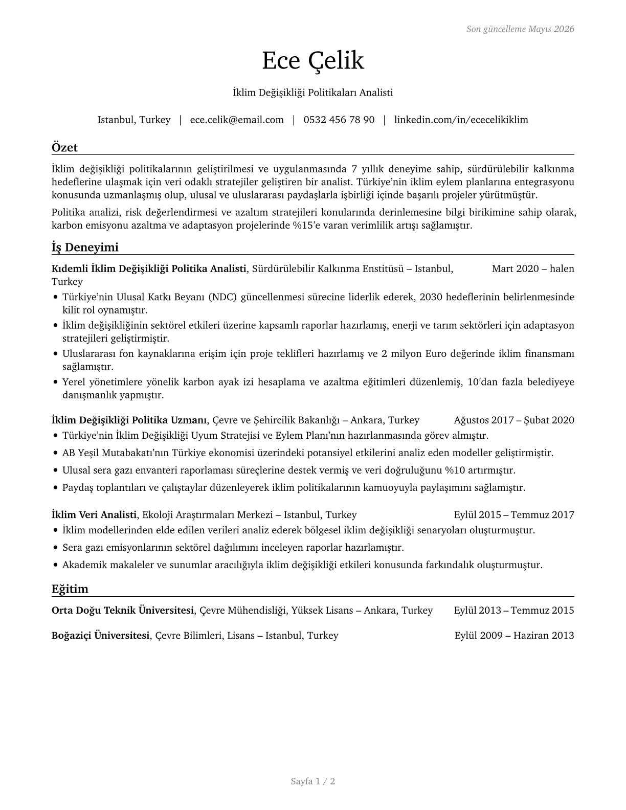 Climate Change Policy Analysts CV in Turkish — page 1
