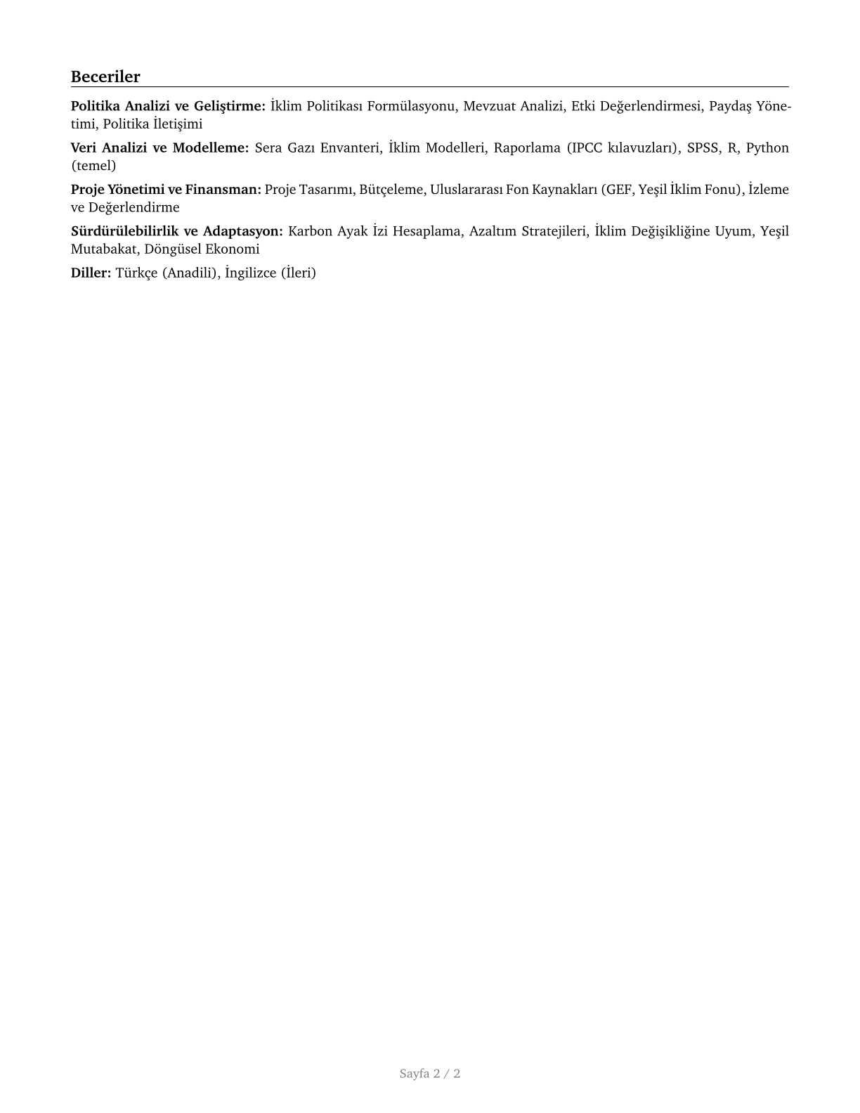 Climate Change Policy Analysts CV in Turkish — page 2