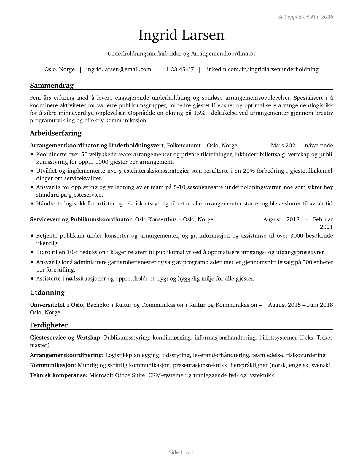 Entertainment Attendants and Related Workers, All Other CV in Norwegian_bokmal — page 1