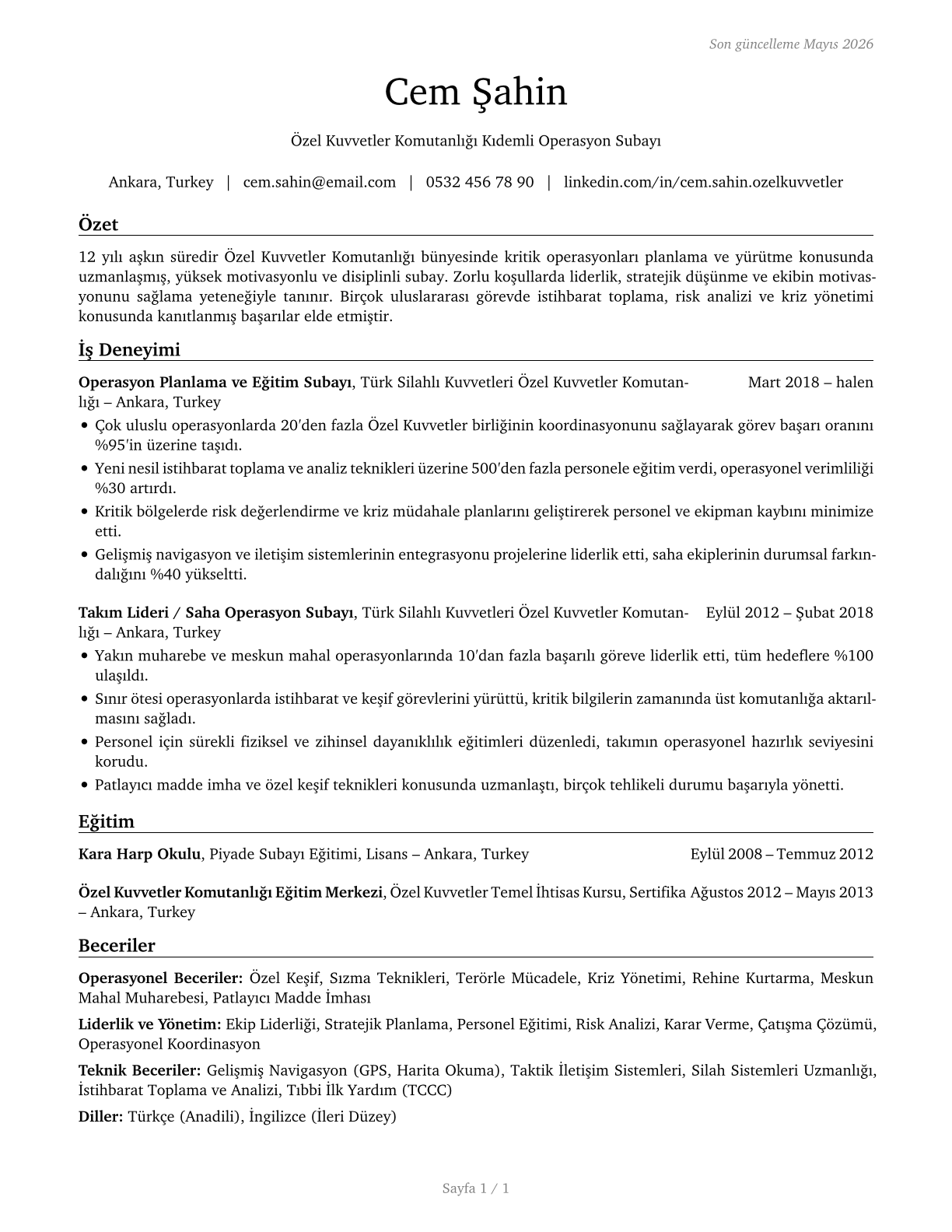 Special Forces Officers CV in Turkish — page 1