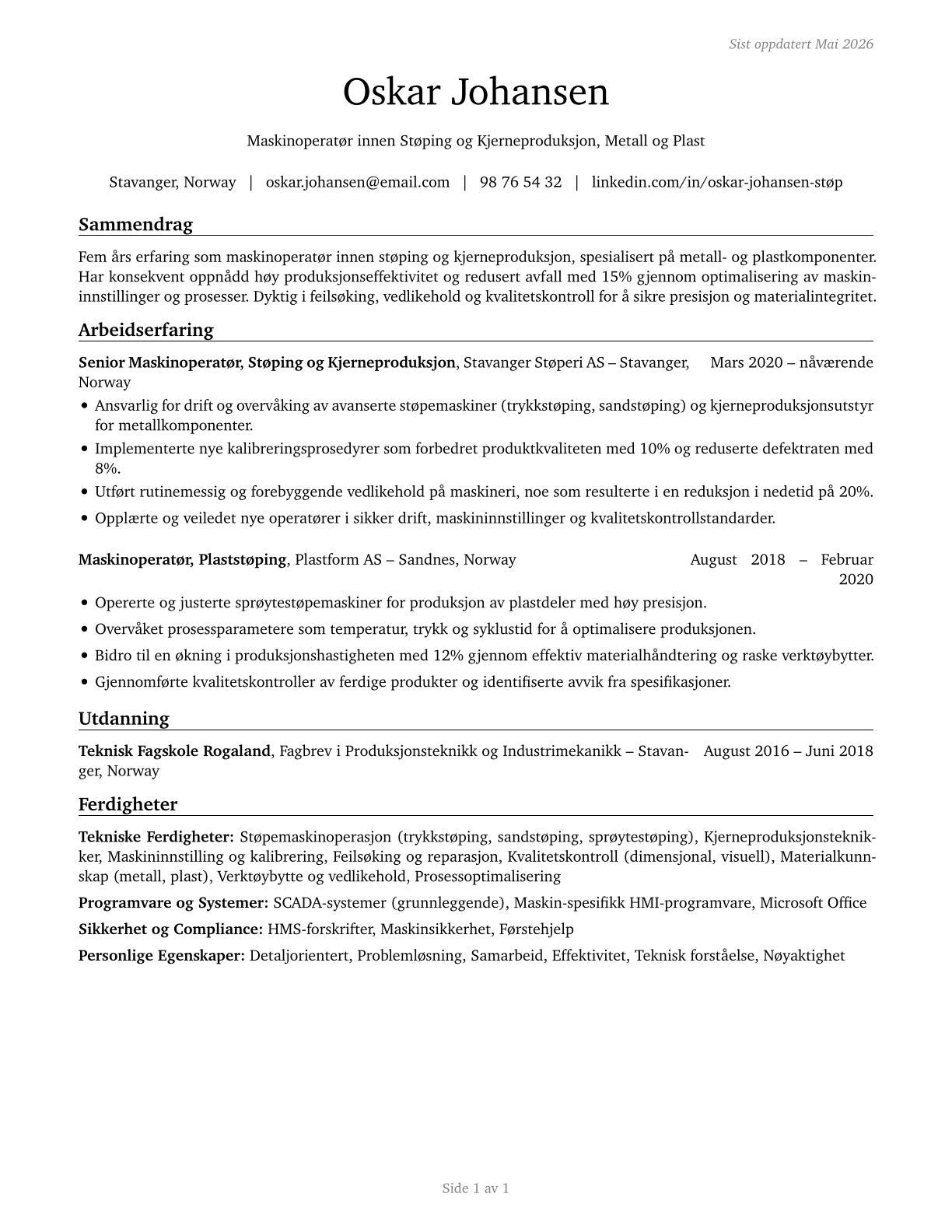 Molding, Coremaking, and Casting Machine Setters, Operators, and Tenders, Metal and Plastic CV in Norwegian_bokmal — page 1