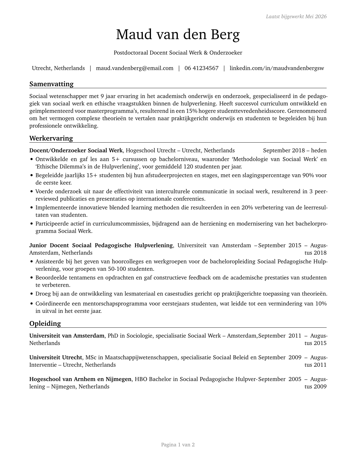 Social Work Teachers, Postsecondary CV in Dutch — page 1