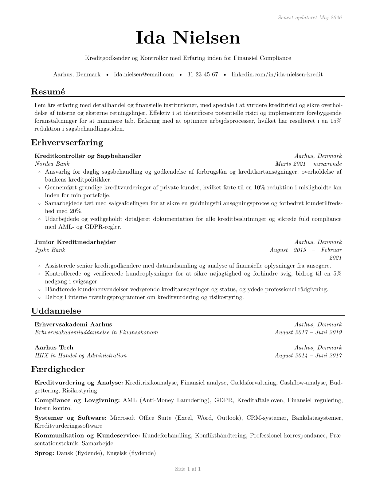 Credit Authorizers, Checkers, and Clerks CV in Danish — page 1