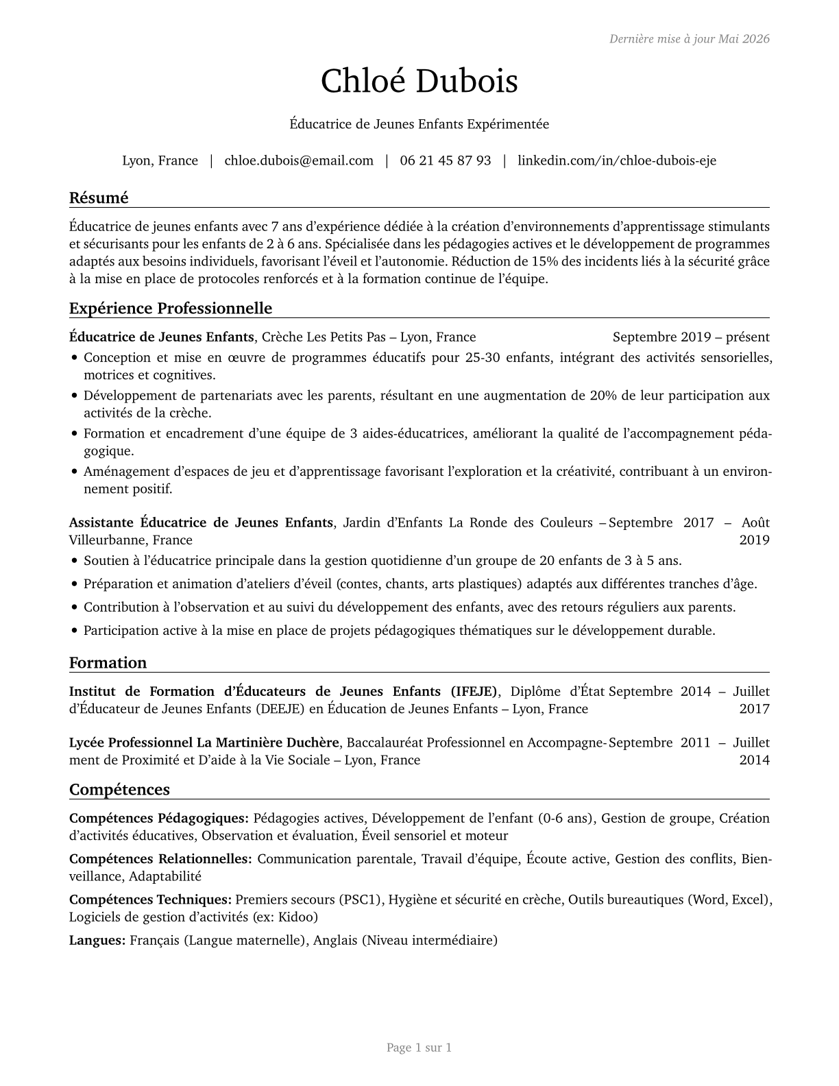 Preschool Teachers, Except Special Education CV in French — page 1