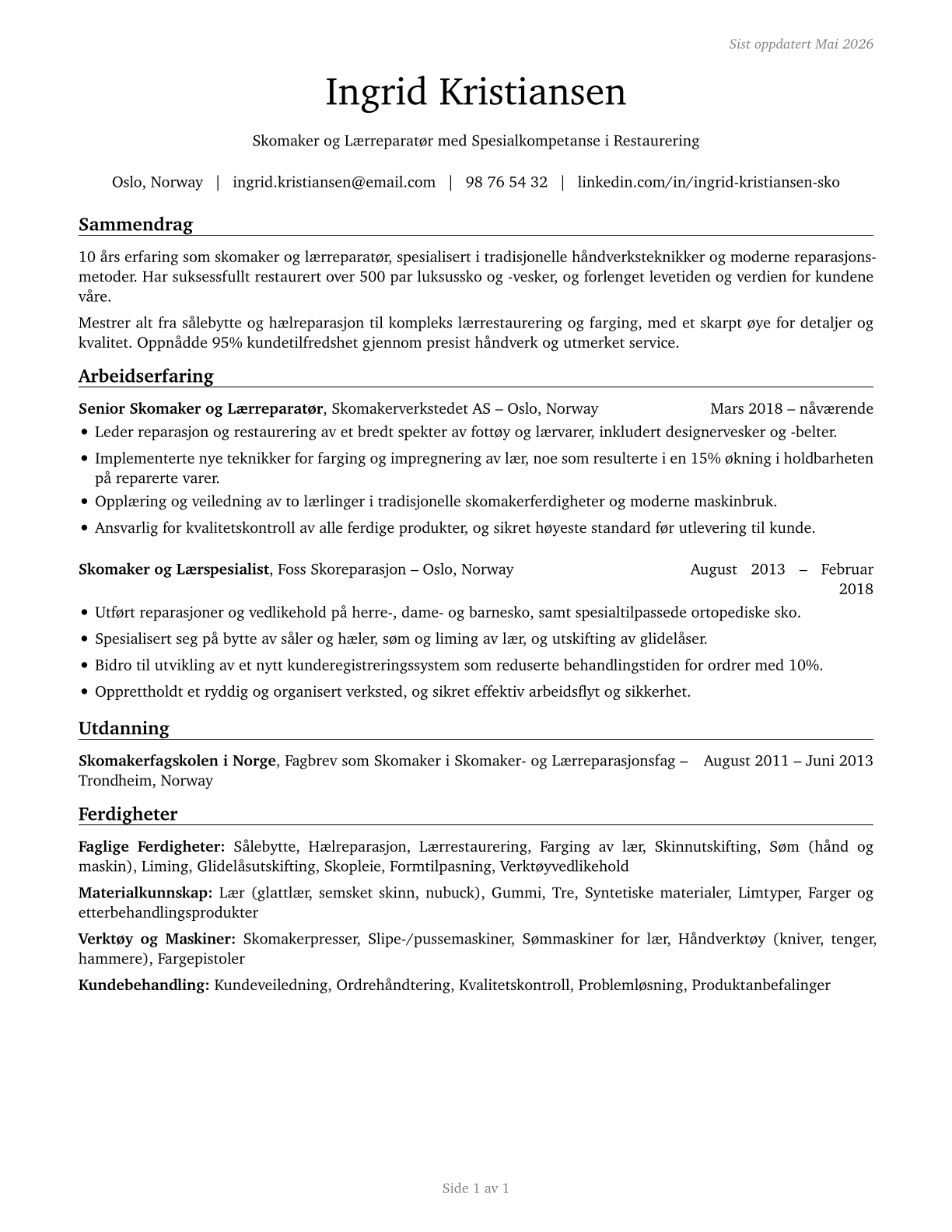 Shoe and Leather Workers and Repairers CV in Norwegian_bokmal — page 1