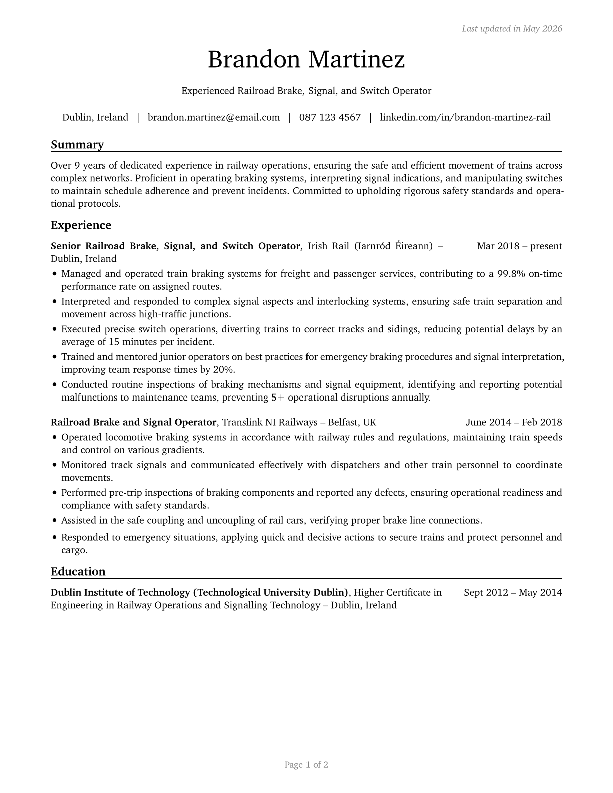 Railroad Brake, Signal, and Switch Operators and Locomotive Firers CV in English — page 1