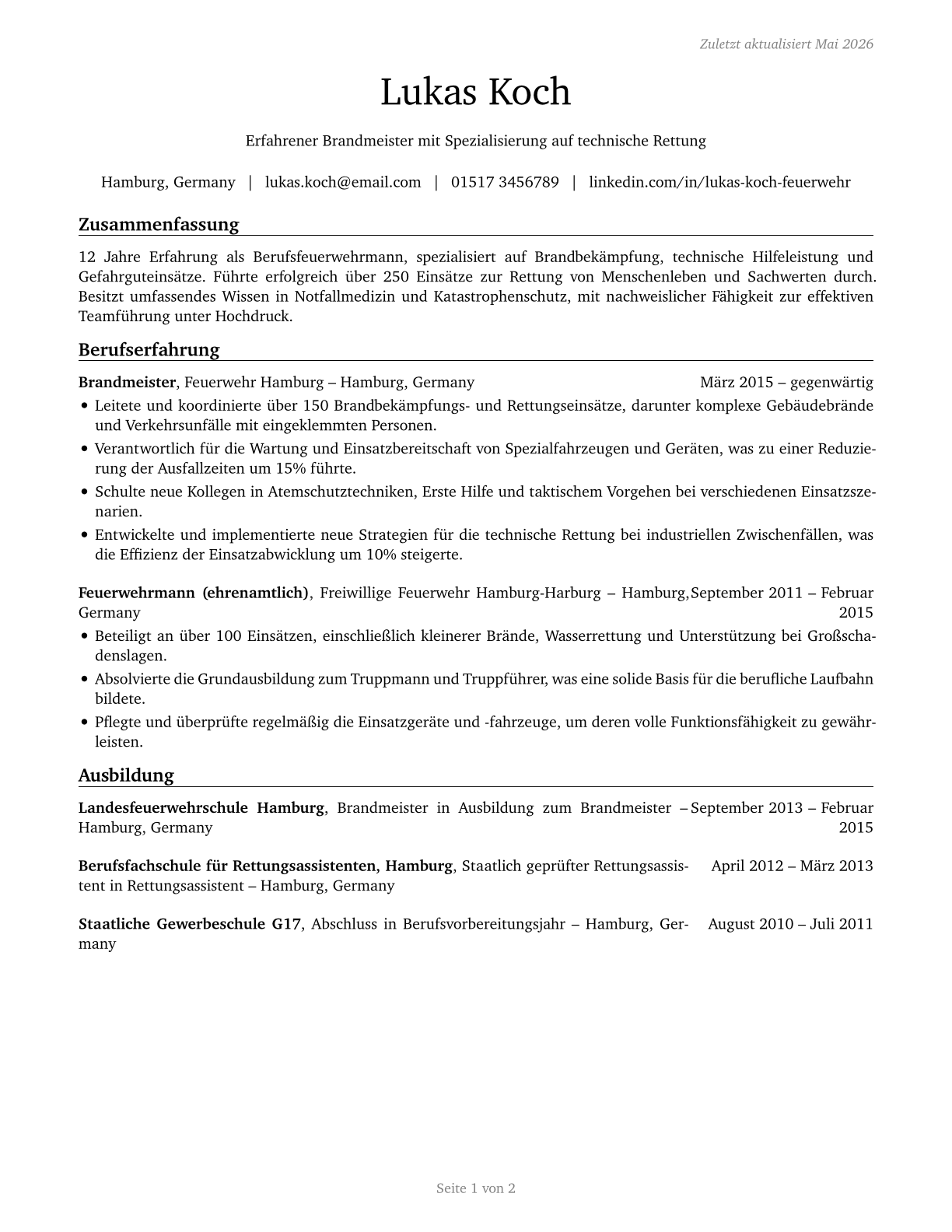 Firefighters CV in German — page 1