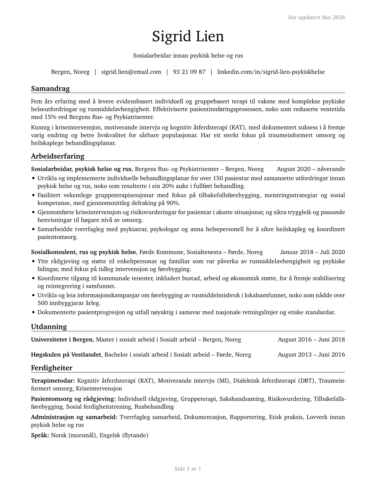 Mental Health and Substance Abuse Social Workers CV in Norwegian_nynorsk — page 1