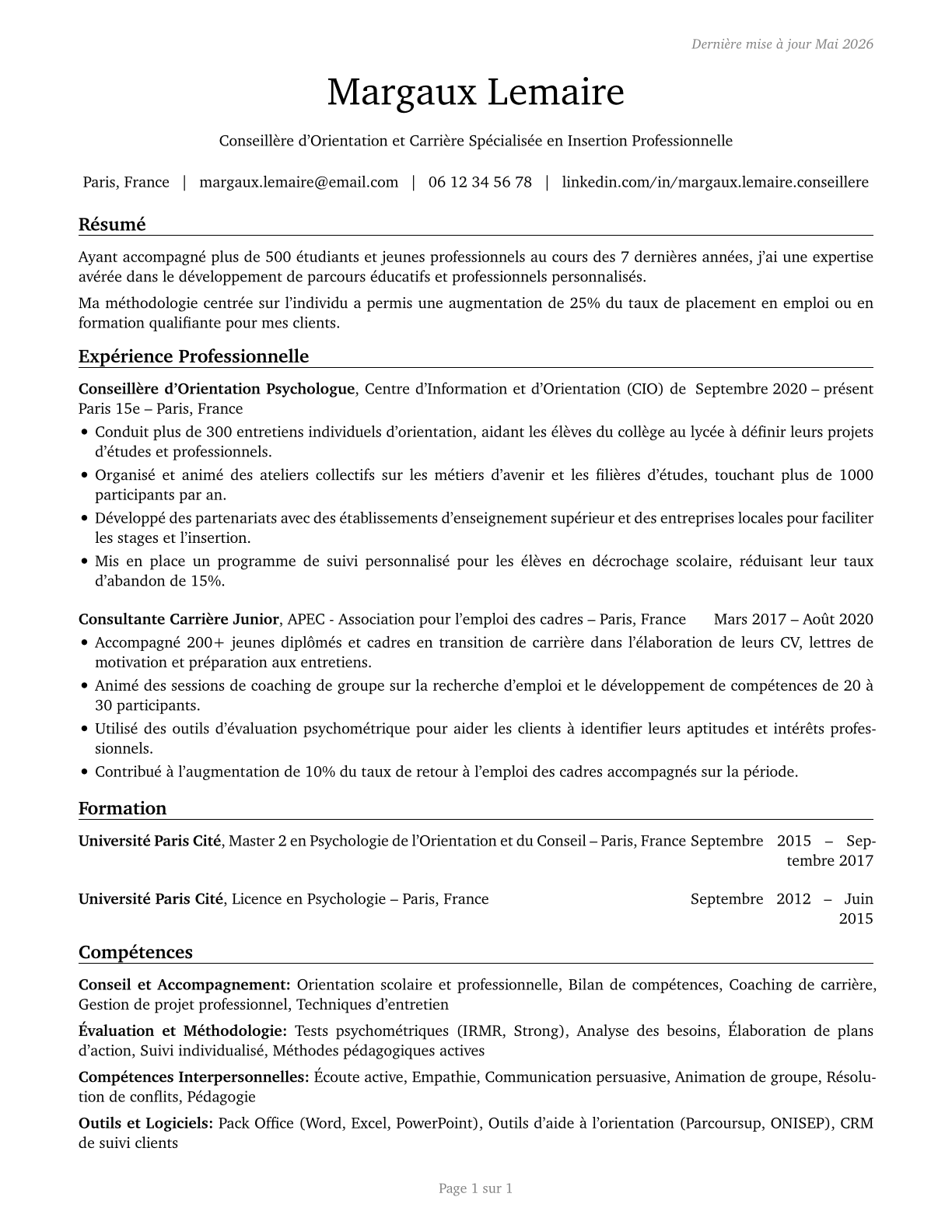 Educational, Guidance, and Career Counselors and Advisors CV in French — page 1