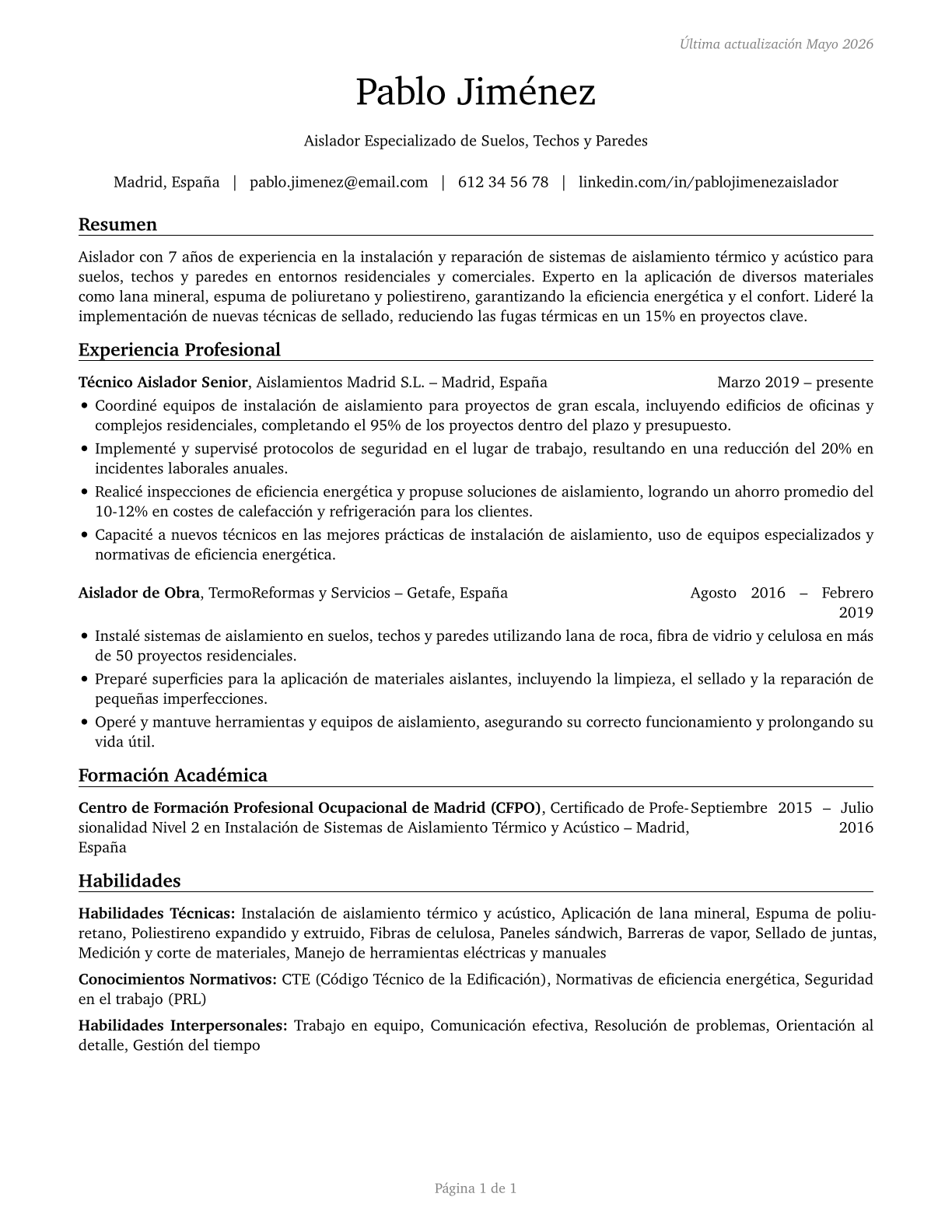 Insulation Workers, Floor, Ceiling, and Wall CV in Spanish — page 1