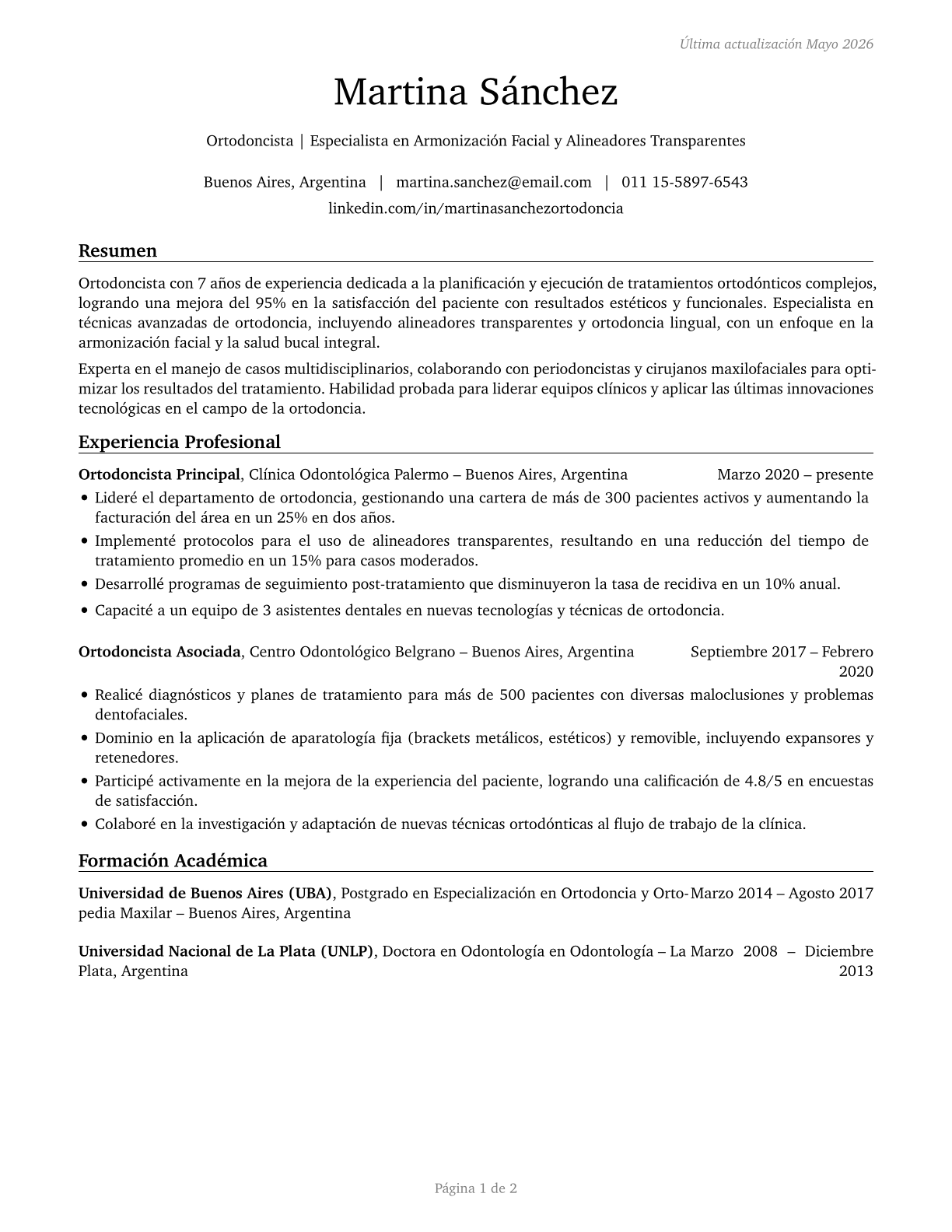 Orthodontists CV in Spanish — page 1