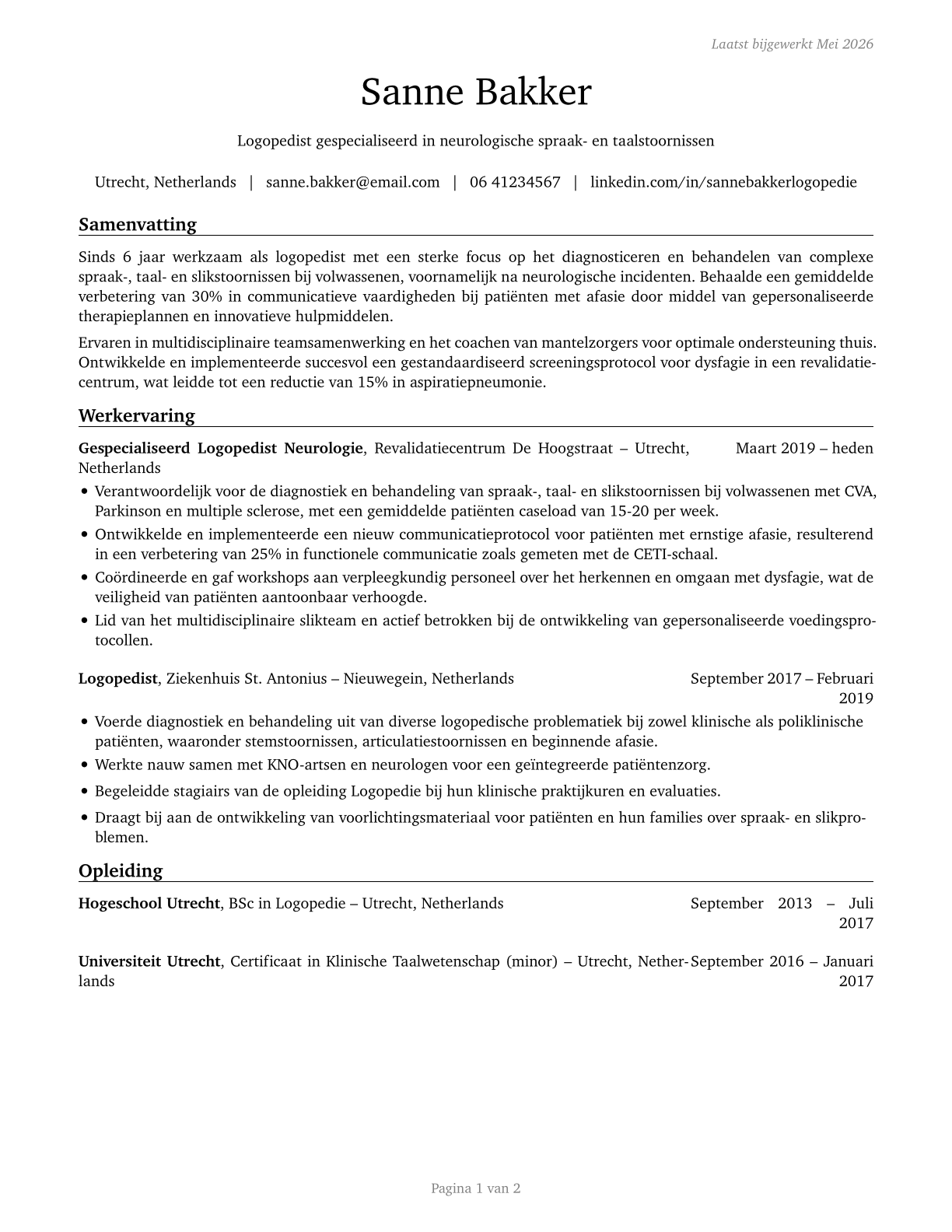 Speech-Language Pathologists CV in Dutch — page 1
