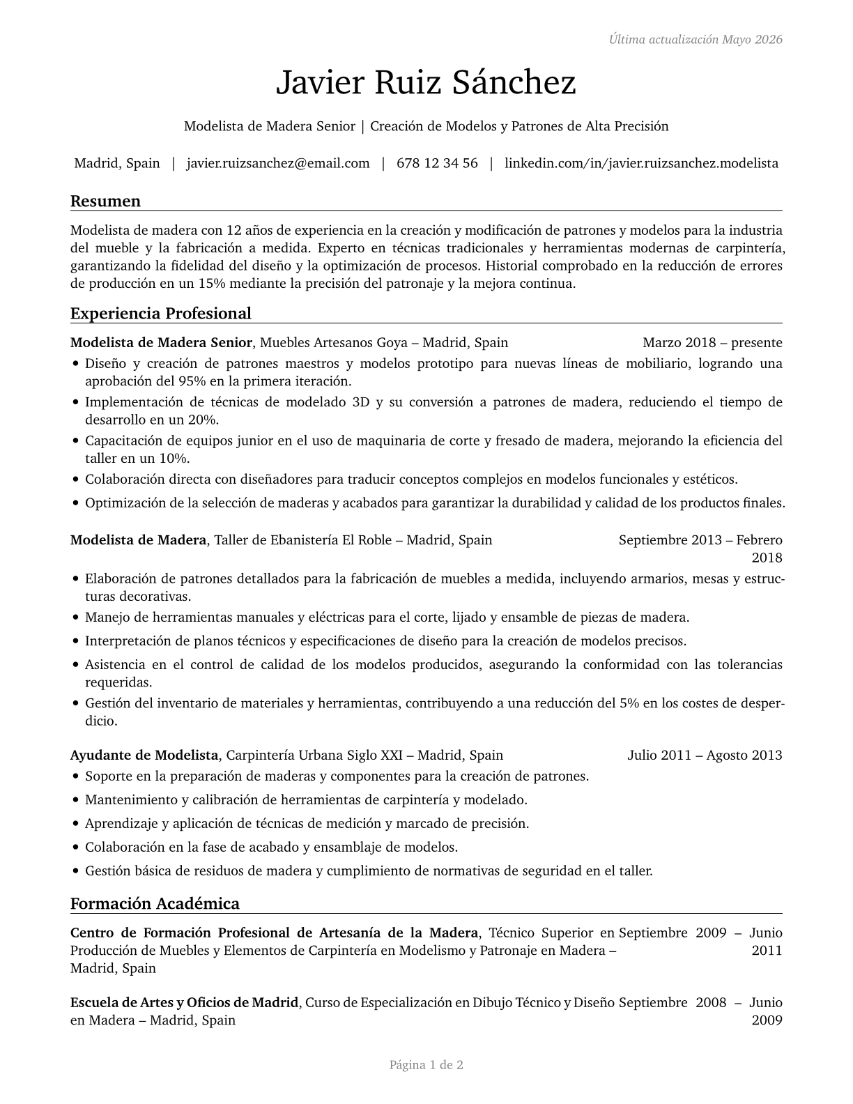 Patternmakers, Wood CV in Spanish — page 1