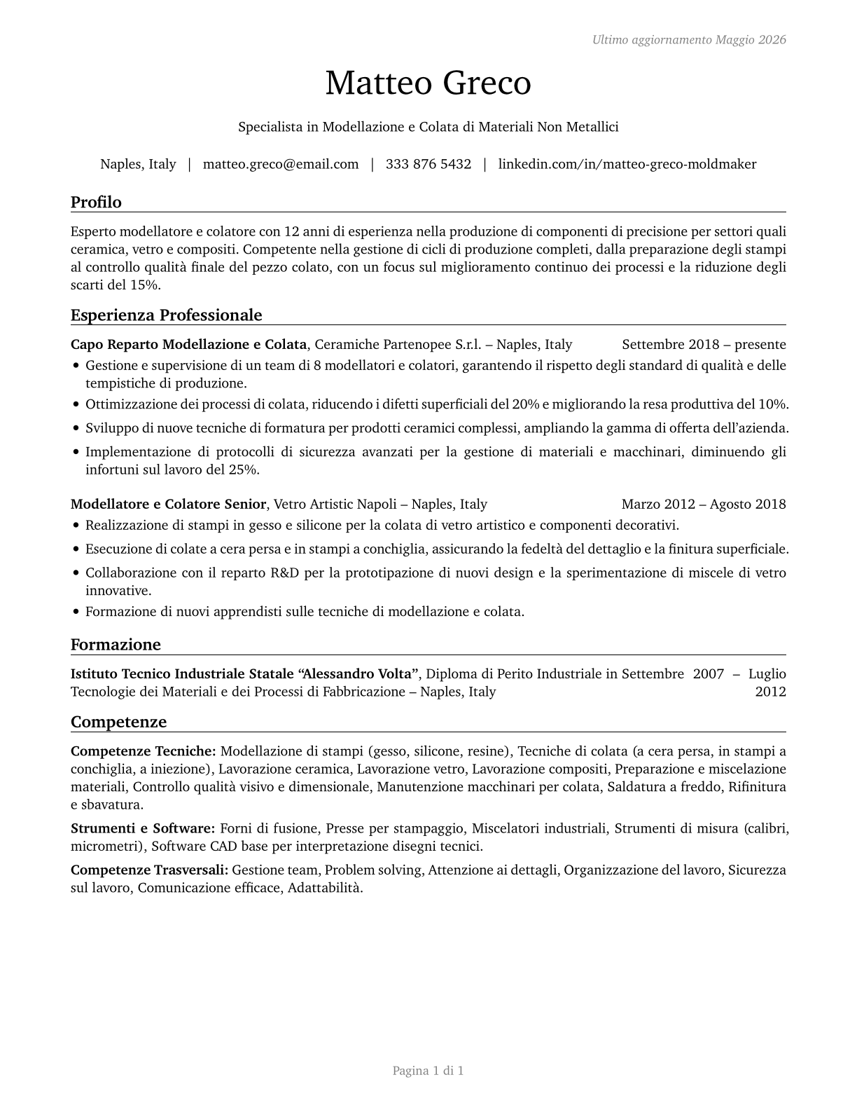Molders, Shapers, and Casters, Except Metal and Plastic CV in Italian — page 1