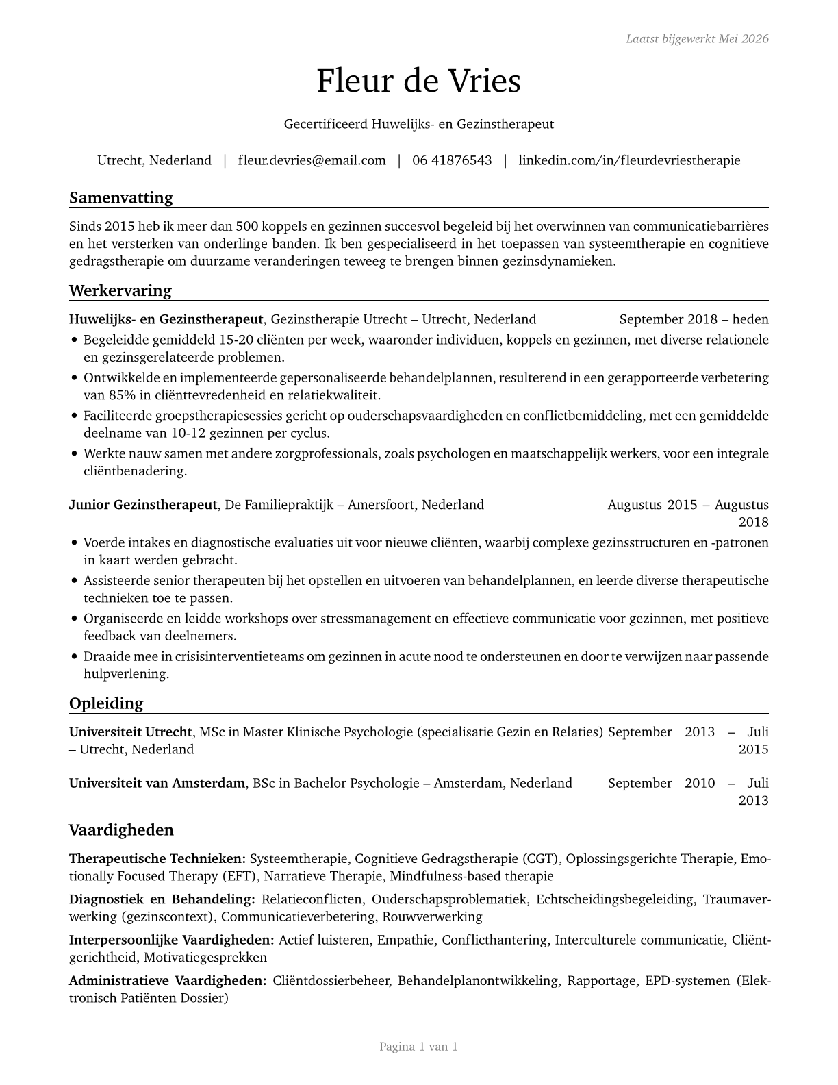 Marriage and Family Therapists CV in Dutch — page 1